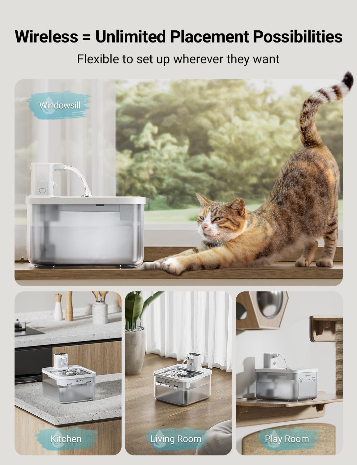 Downypaws Battery Operated Cat Water Fountain Stainless Steel, 84Oz/2.5L Fursink Wireless Pet Water Fountain For Cats Inside, Au