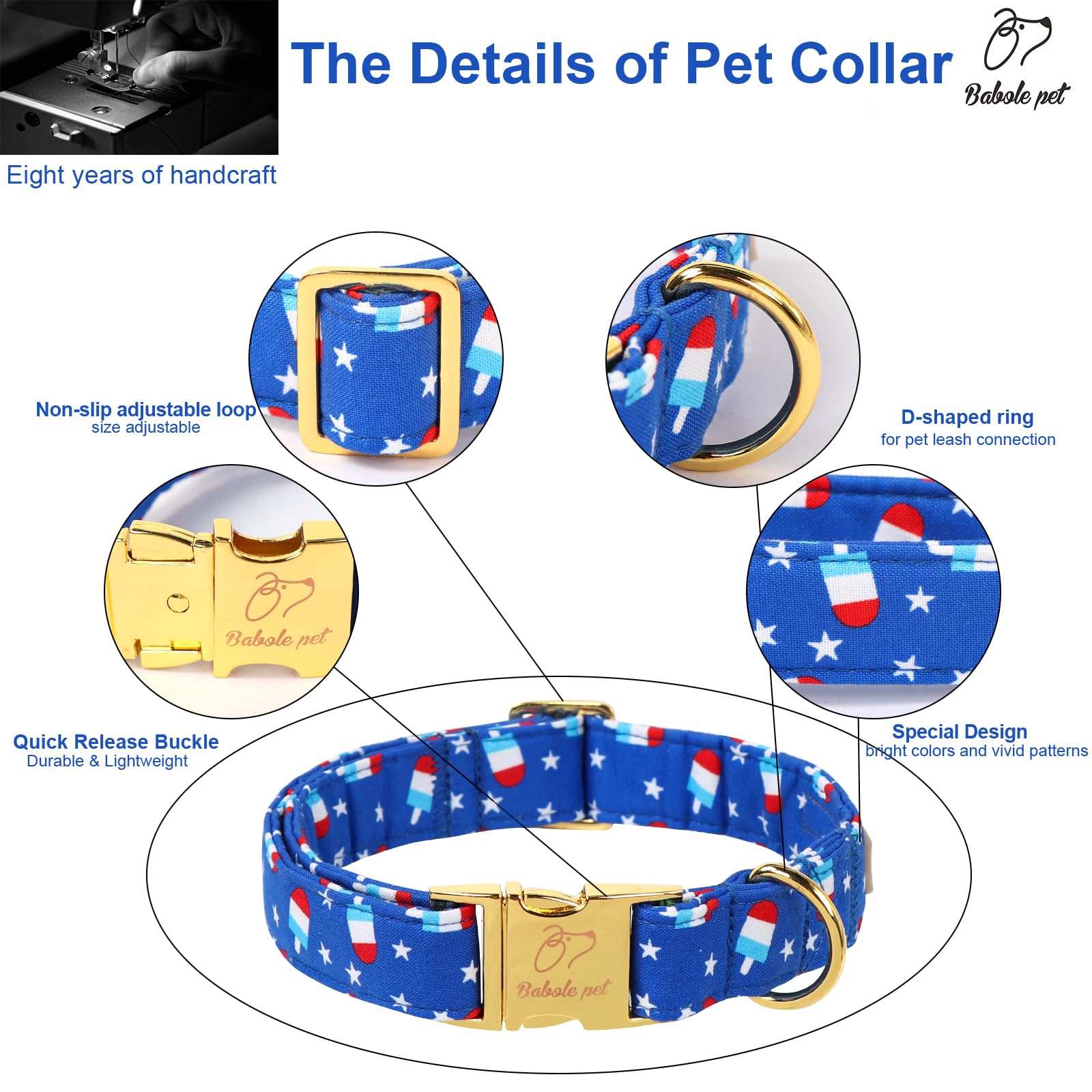 Babole Pet 4Th Of July Dog Collar, Blue Flag Popsicle Patriotic Pet Collar With Metal Buckel, Adjustable Summer Holiday Dog Coll