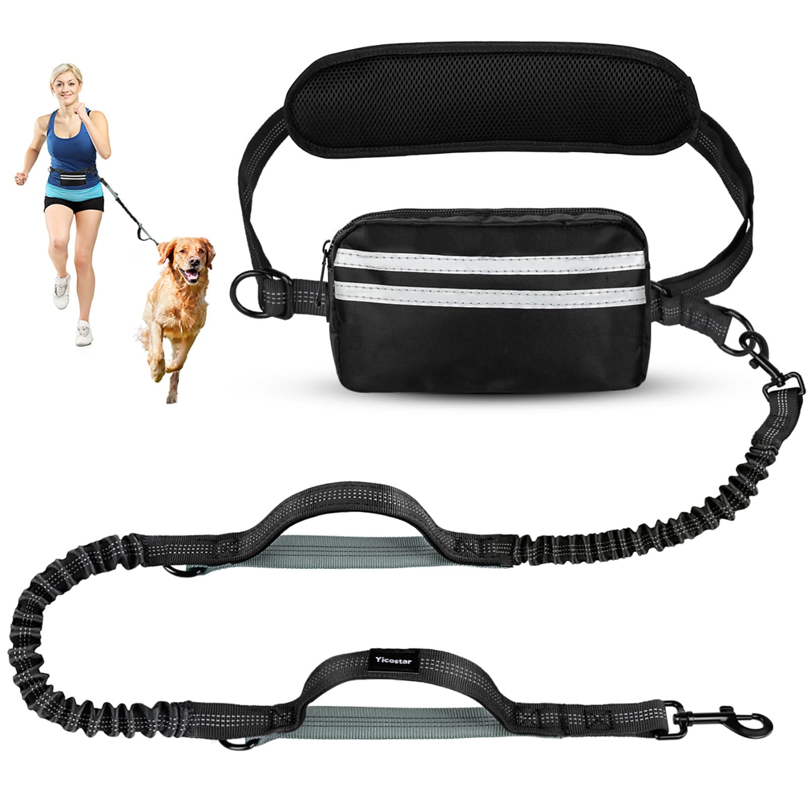 Yicostar Hands Free Dog Leash With Pouch, Retractable Bungee, Double Padded Handles For Walking, Waist Leash For Medium & Large 