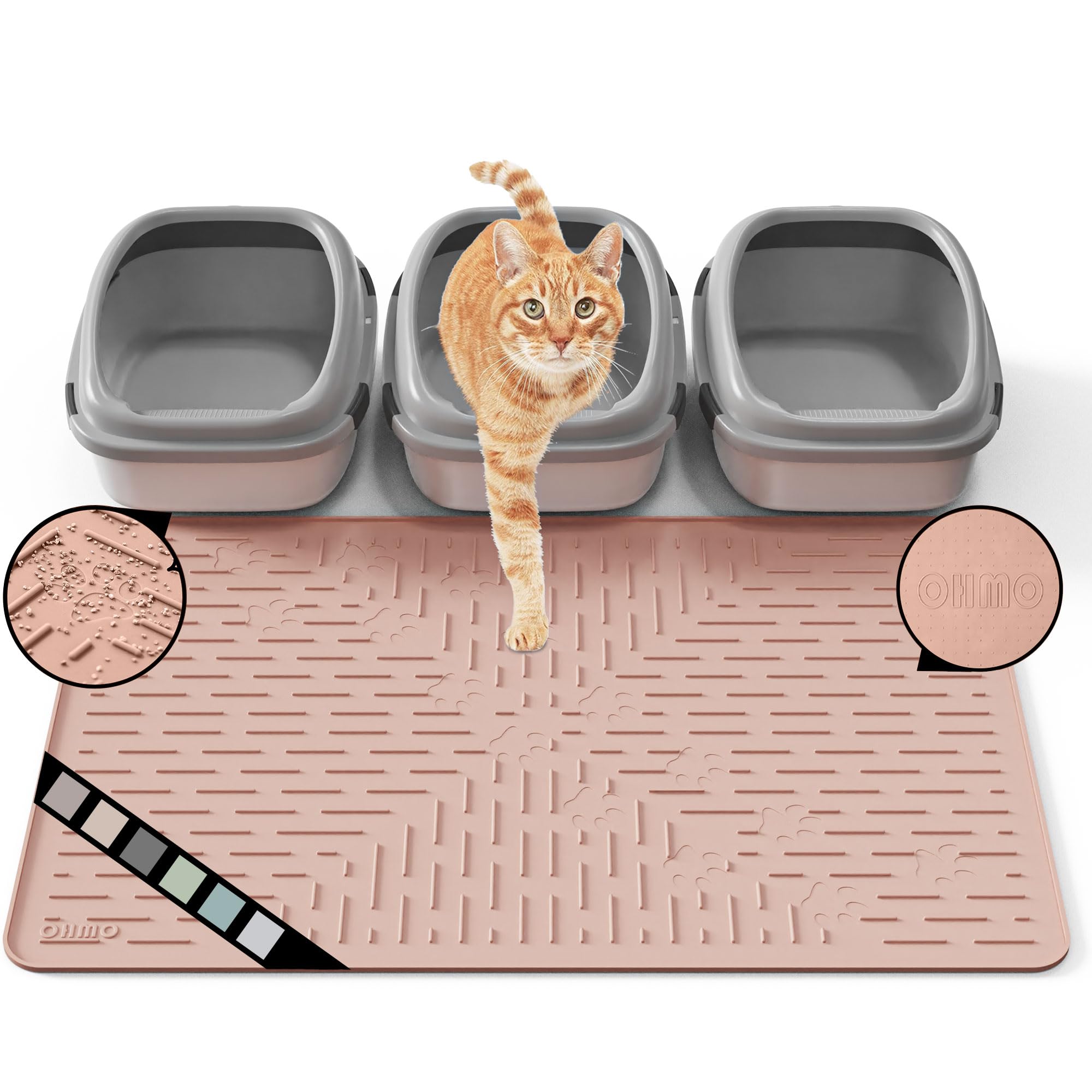OHMO Cat Litter Mat XXL Trapping Mat Premium Silicone Rubber 37.5x25.2 Coral, Waterproof and BPA Free Kitty Litter Box Mat, Easy