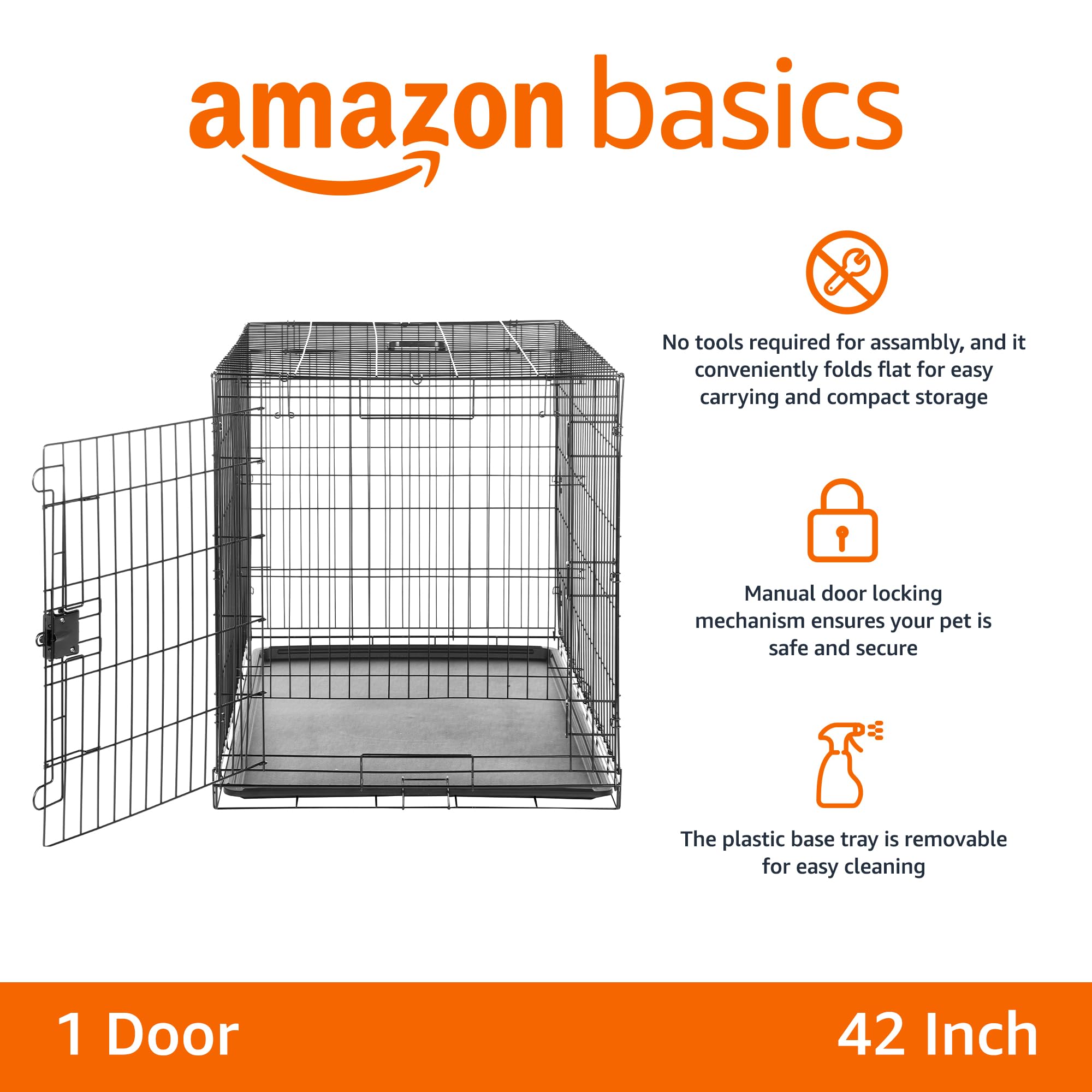 Amazon Basics Durable, Foldable Metal Wire Dog Crate With Tray, Single Door, 42 X 28 X 30 In, Black