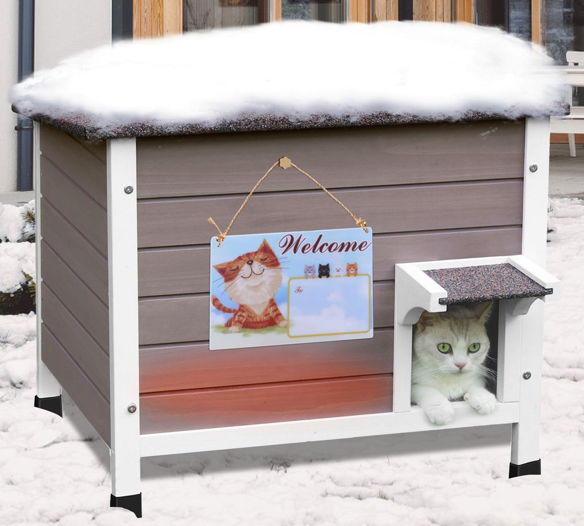 Deblue Insulated Cat Houses For Outdoor Cats, Weatherproof Feral Cat House With All-Round Foam, Wooden Cat Shelter For Multiple