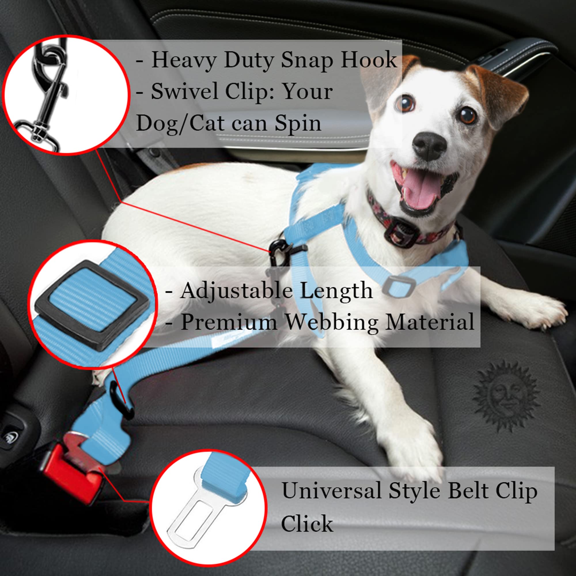 SunGrow Dog Seat Belt for Car, Adjustable Nylon Pet Seatbelt, Supports All Cars, Dog Car Leash Seat Belt, Seatbelt for Dogs, Cat