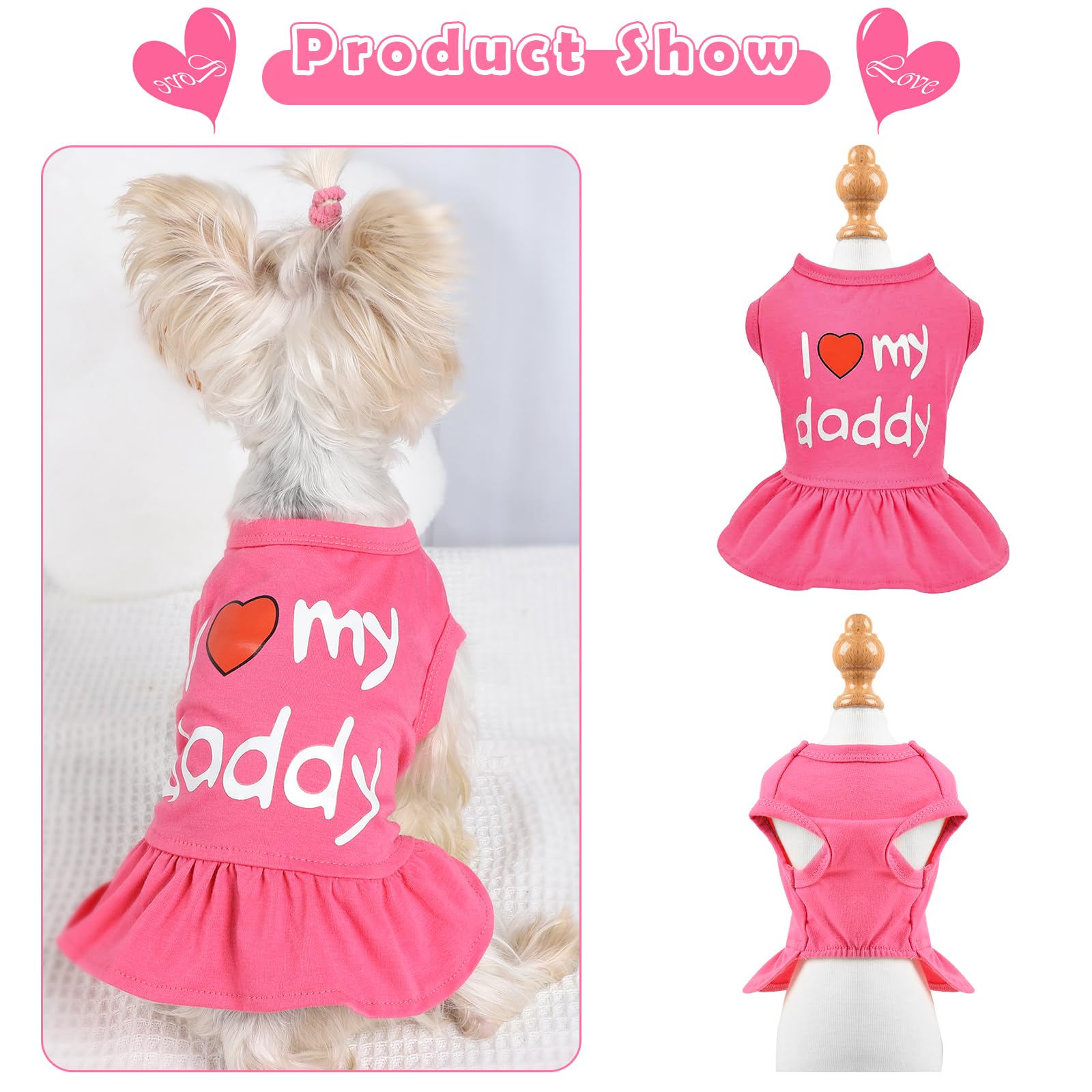 Dog Dress, Pet Clothes For Small Dogs Girl Cute I Love My Mom/Dad Pink Puppy Dresses Breathable Pet Spring Summer Clothes Puppy