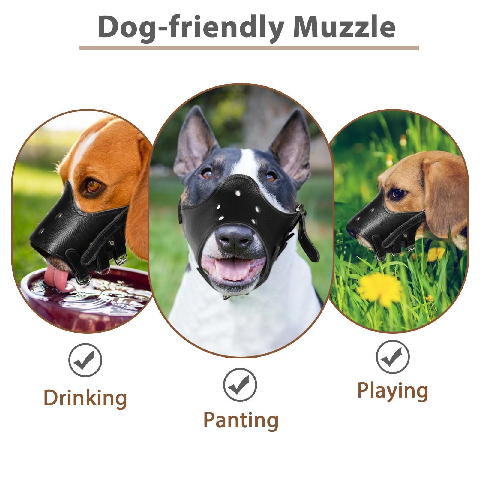 Dog Muzzle Leather, Comfort Secure Anti-Barking Muzzles For Small Medium Large Dogs, Breathable And Adjustable, Allows Drinking And Panting, Used With Collars (Black)