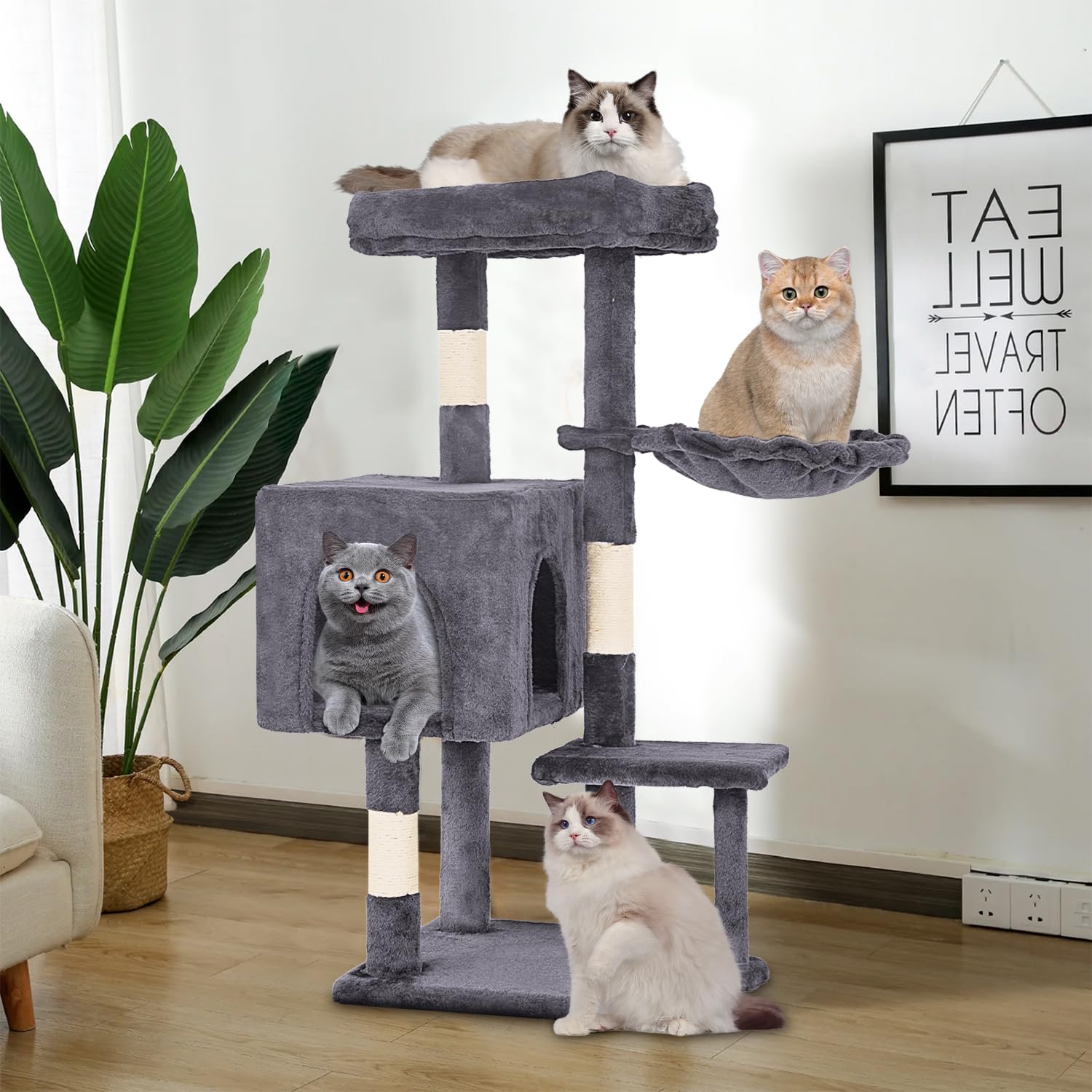 FDW | 37.8 Cat Tree Tower | Light Gray | Multi-Level Indoor Activity Center with Sisal Scratching Posts, Condos, Plush Perches,