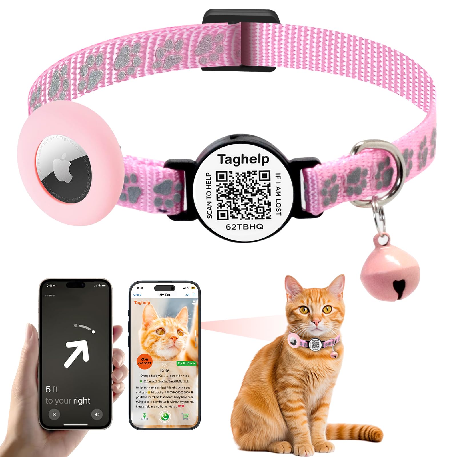 Airtag Cat Collar Breakaway With Bell & Reflective Design - Cute Paw Print Kitten Collar With Apple Airtag Holder & Safety Buckl