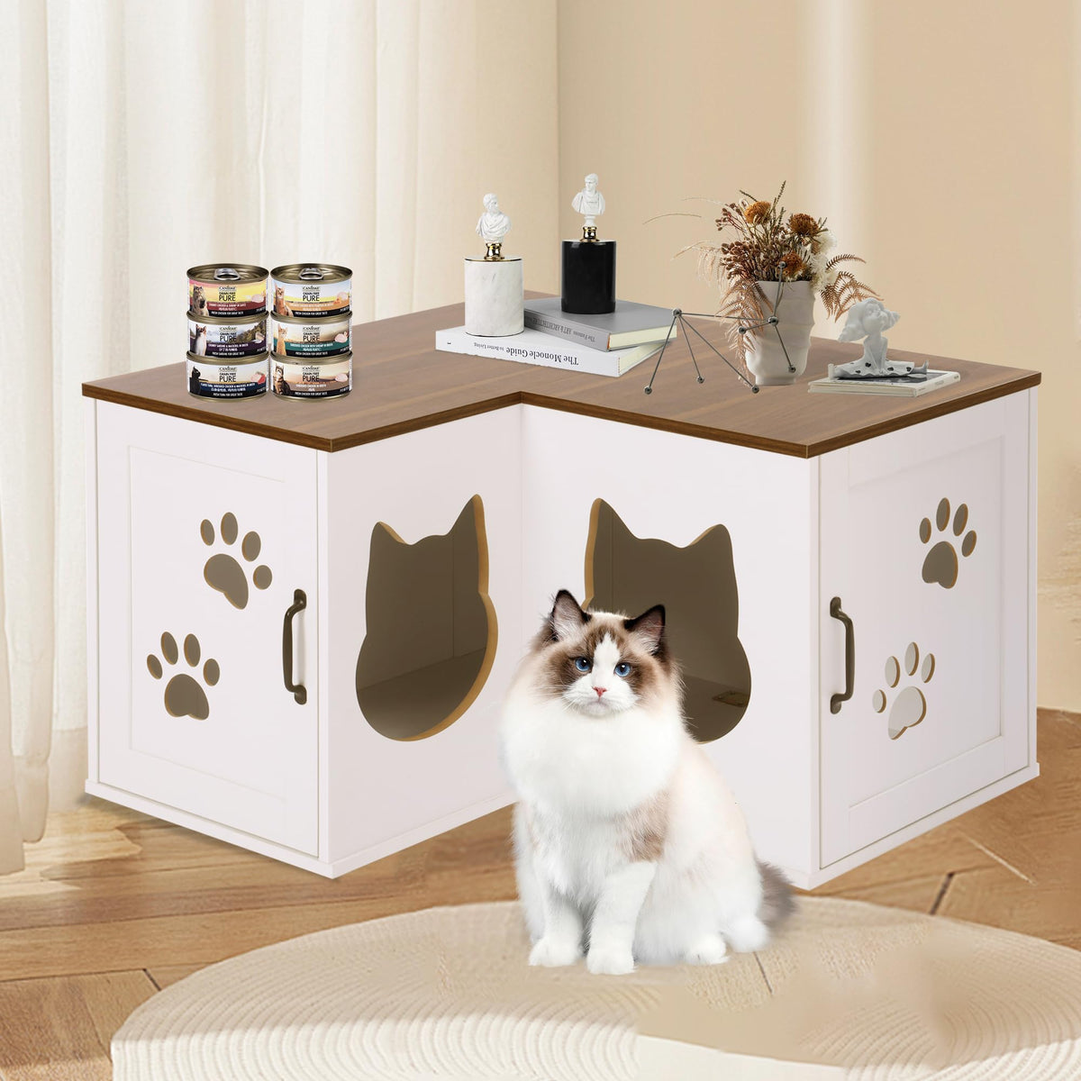 Charmeleon Cat Litter Box Enclosure, Corner Litter Box Furniture Hidden, Large Wooden Cat Washroom With Condo, Double Kitty Litt