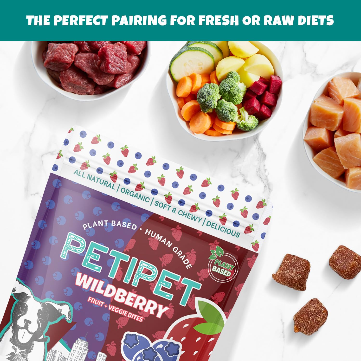 PETIPET Wildberry Plant-Based Fruit Dog Treats - Strawberry, Apple, Blueberry Soft & Chewy - Vegetarian, Vegan Dog Treats with O