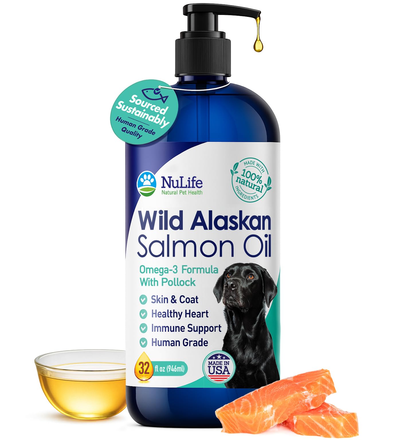 Pure Wild Alaskan Salmon Oil for Dogs - Omega 3 Formula - Dog Fish Oil Liquid - Skin and Coat Supplement for Shedding - Dry Itch