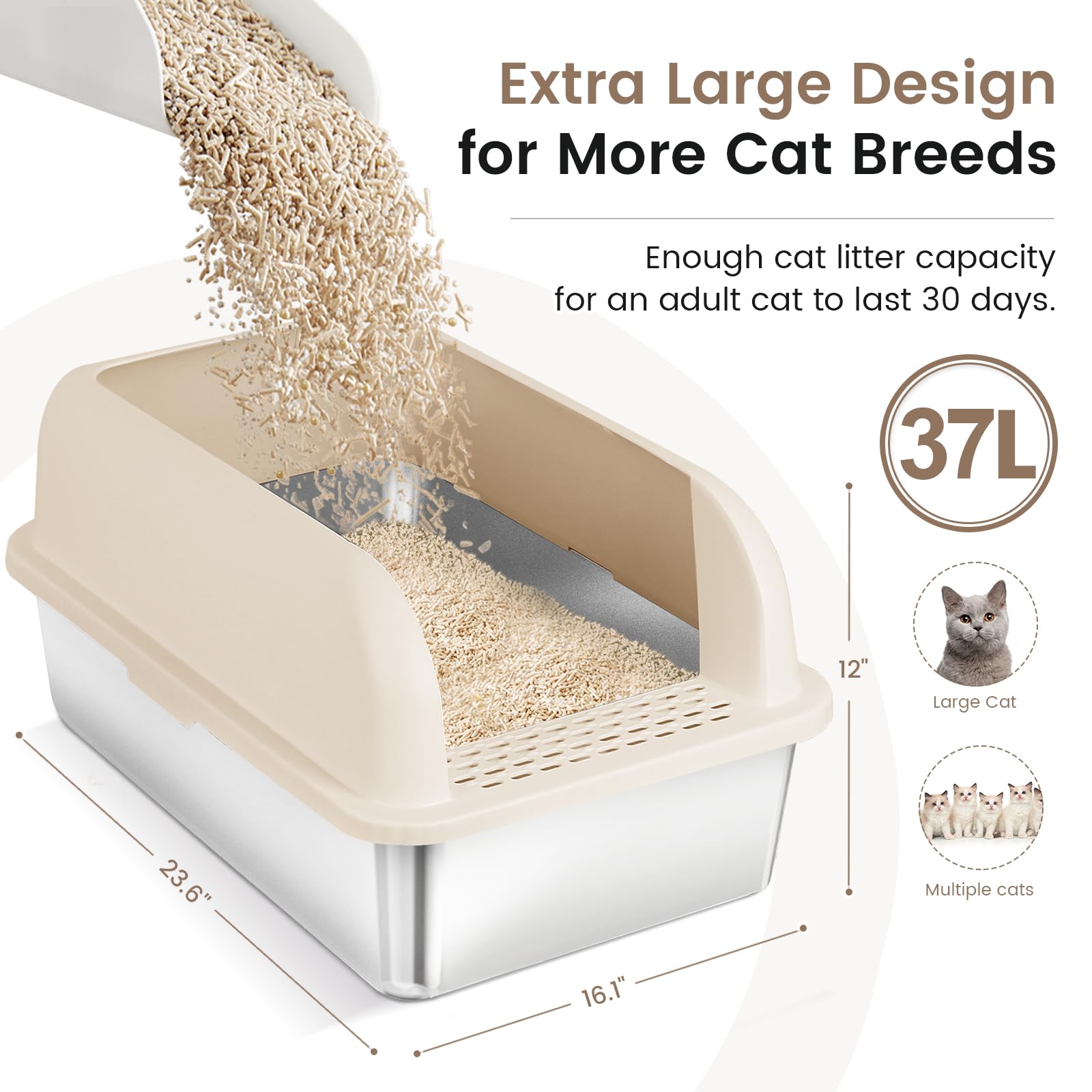 Chenove Extra Large Stainless Steel Litter Box With Lid, High Wall Enclosed Cat Litter Boxes For Anti-Leakage, Xl Metal Litter Box With Scoop, Easy Clean Cat Box For Multi Cats, Non-Sticky Litter Pan