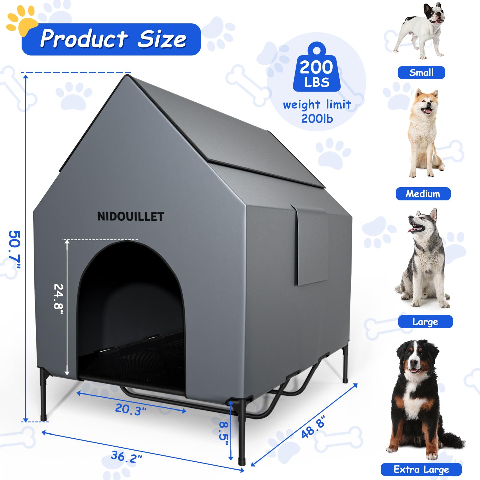 Nidouillet X-Large Weatherproof Dog House, 48" Elevated Dog Bed, Breathable Textilene, Gray, Max 200lbs, Model AB031502
