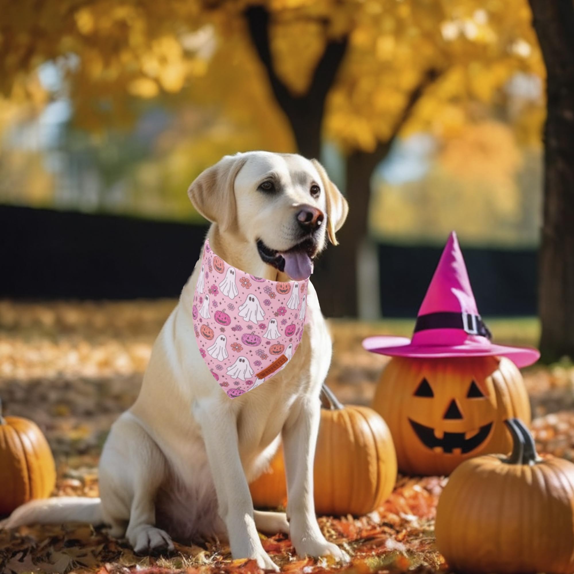 ADOGGYGO Halloween Dog Bandana, Pink Pumpkin Ghost Scarf, Adjustable Fit Female Halloween Bandanas for Large X-Large Dogs Pets (