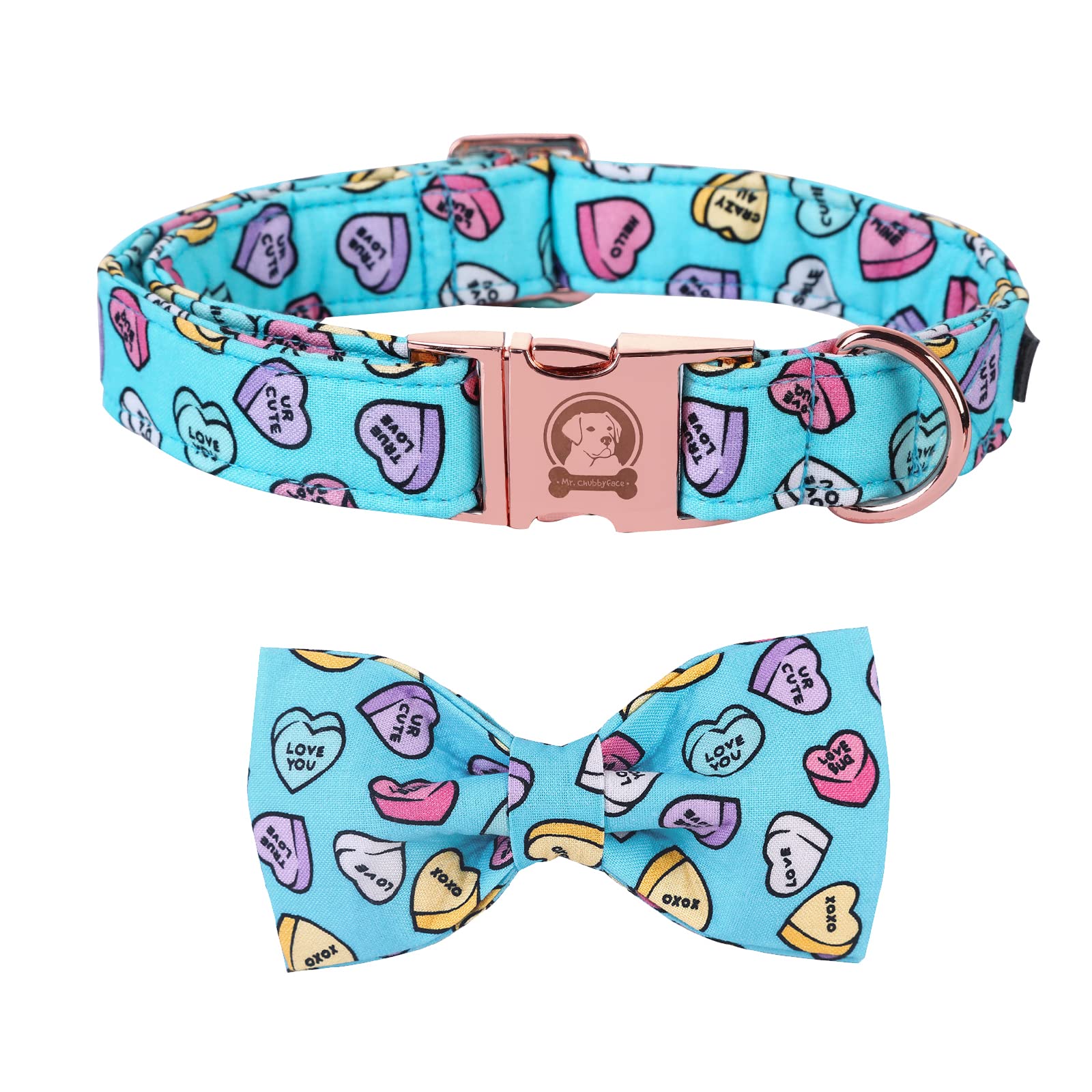 Mr. Chubbyface Valentine'S Dog Collar With Bowtie, Cute Blue Heart Dog Collar With Metal Buckle, Adjustable Cotton Collar For Sm