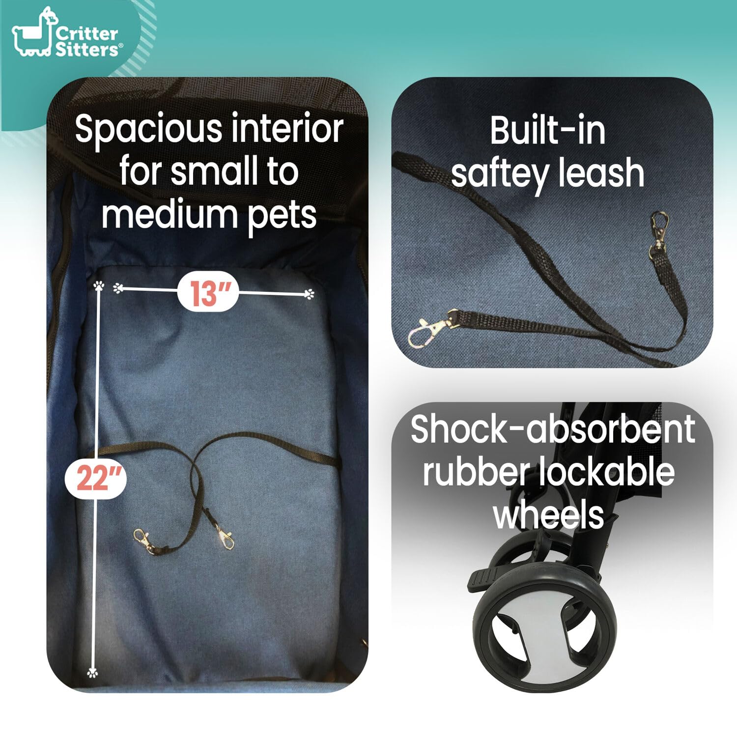 Critter Sitters Pet Stroller With Storage Basket, Single Carriage Carrier For Animals Up To 33 Lbs., 4-Wheel, Travel And Transpo