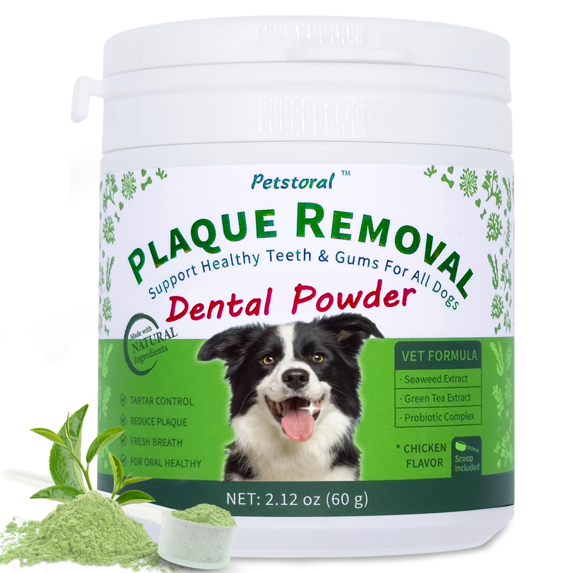 Petstoral Natural Dog Dental Powder, Dog Dental Care - Plaque Remover and Bad Breath Treatment, Healthy Gums & Fresh Breath for 
