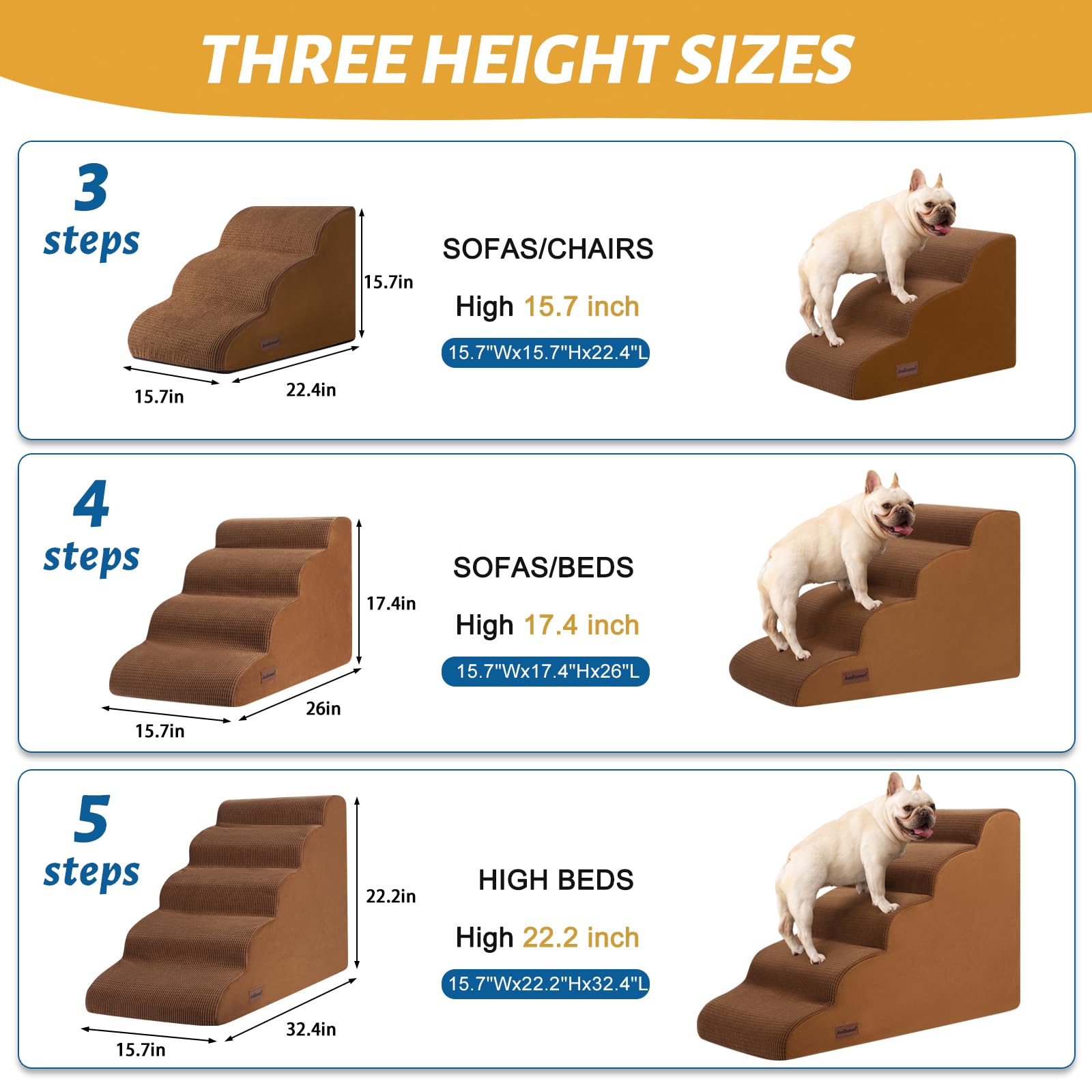 Aodisman 4-Step Dog Stairs and Ramp for Beds or Couches - Non-Slip Sturdy Pet Steps for Small Dogs and Cats,17.4 H,Brown