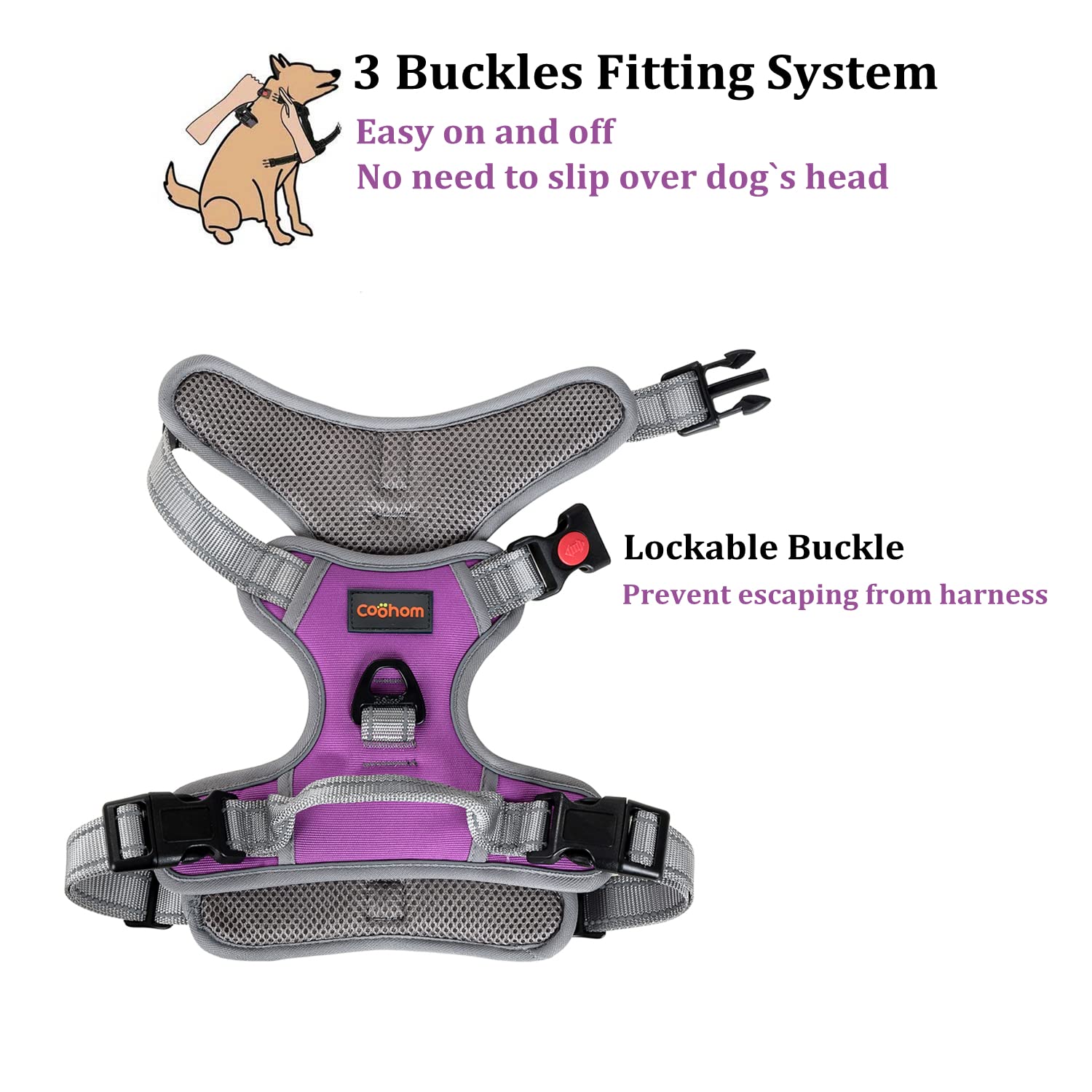 Coohom No Pull Dog Harness With Handle And Two Leash Attachments,Adjustable Outdoor Pet Harness With Reflective Oxford Material