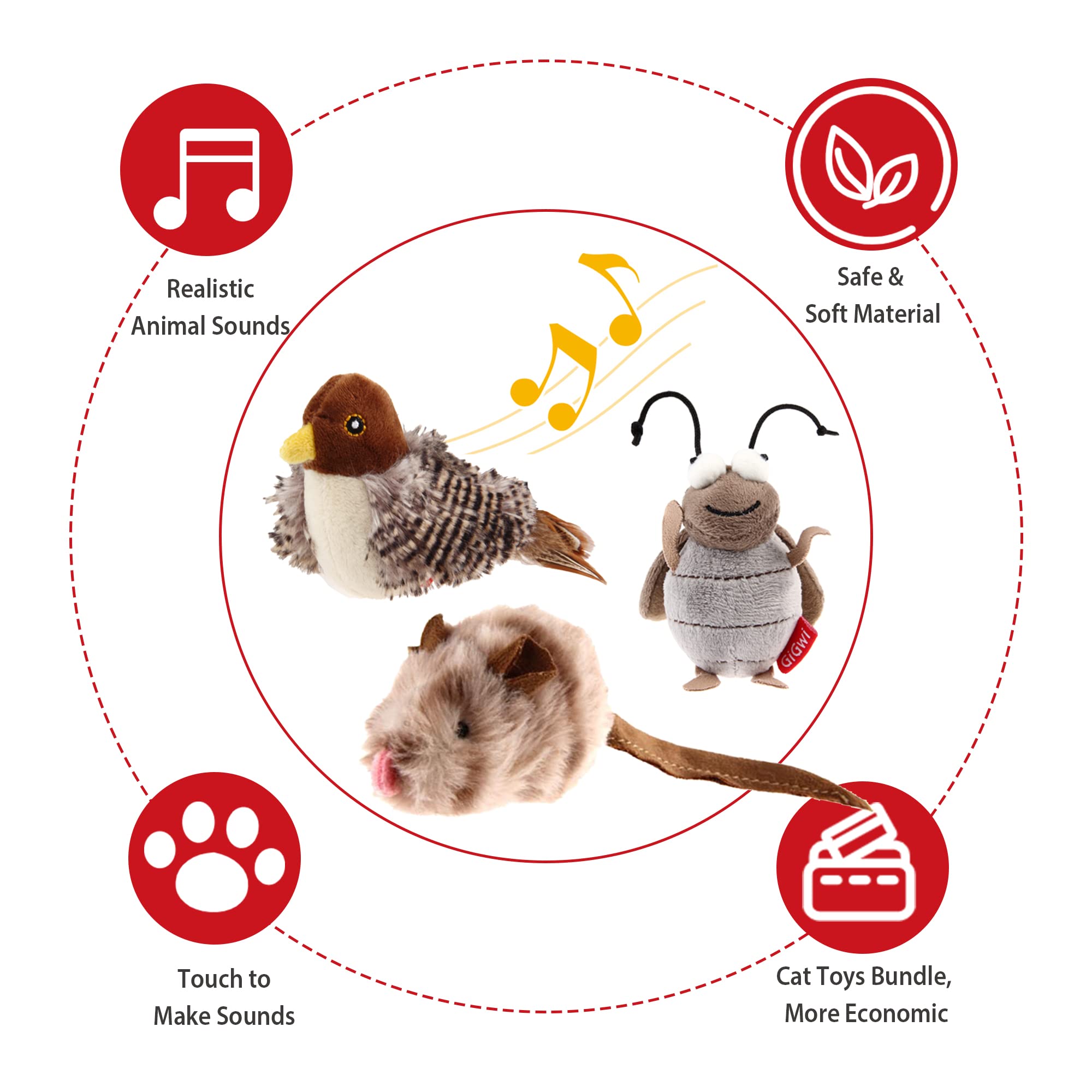 Gigwi Automatic Cat Toys Pack, Interactive Cat Toys Electronic Squeaky Animals Bird / Cricket / Mouse Sounds, Plush Toys For Cat