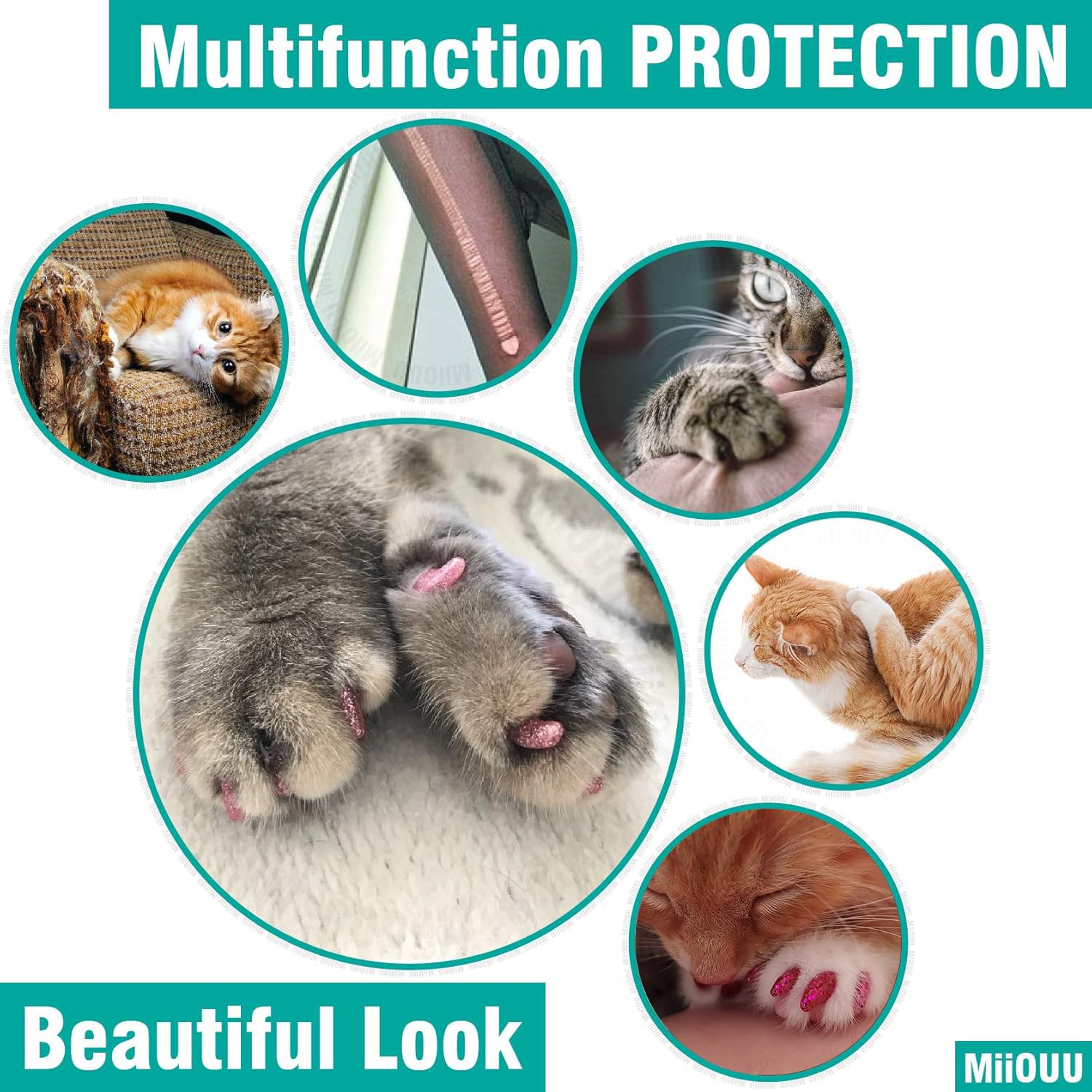 Miiouu 10X Colors / 100 Pcs Cat Nail Caps | Cat Claw Covers With Adhesives And Applicators | Beta (S)
