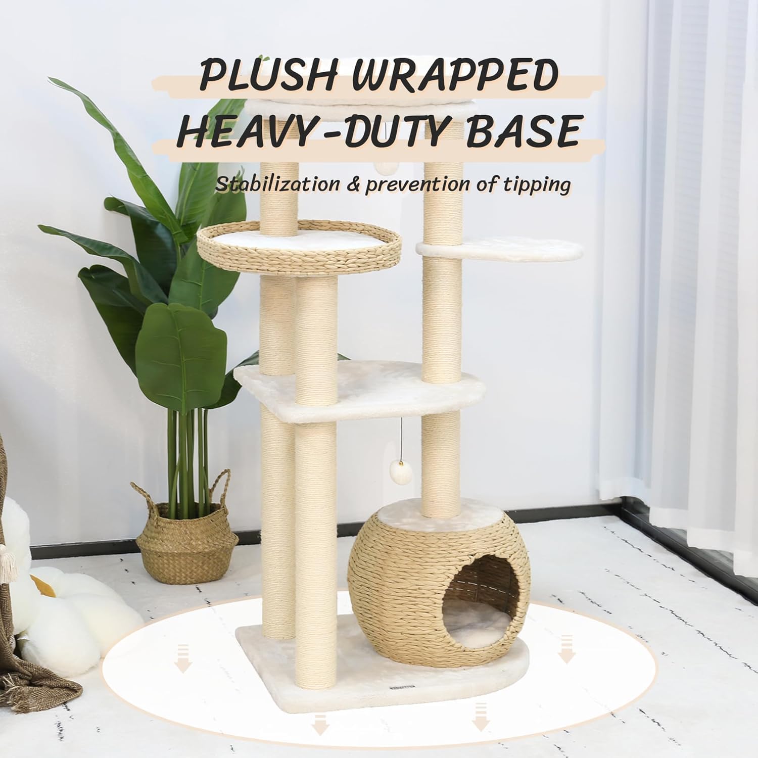 Kamaboko Modern Cat Tree, 53' Cat Tower For Indoor Cats Natural Sisal Scratching Posts, Hand-Woven Condo & Top Perch, Cat Tree