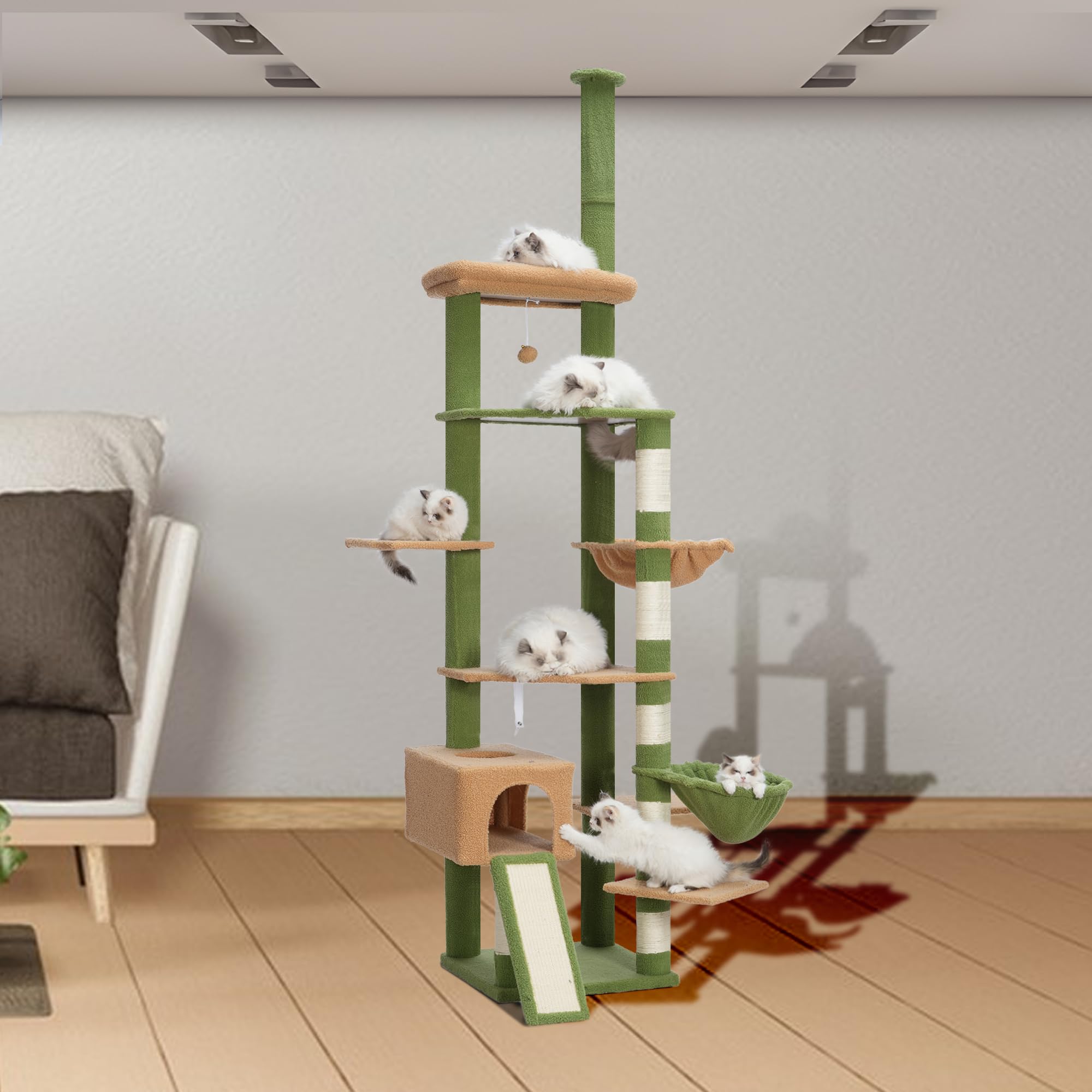 Hebly Cat Tree 92.5-104.3 Inches With Hammock, Floor To Ceiling Cactus Cat Condo,Tall Cat Climbing Tower Adjustable With Scratch