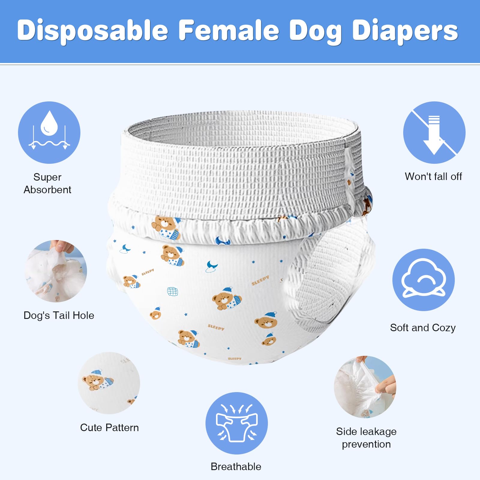 Ambreview Dog Diapers Female, Disposable Pull Up Doggie Diapers For Female Dogs, Ultra Absorbent & Anti-Side Leakage, Stretchy D