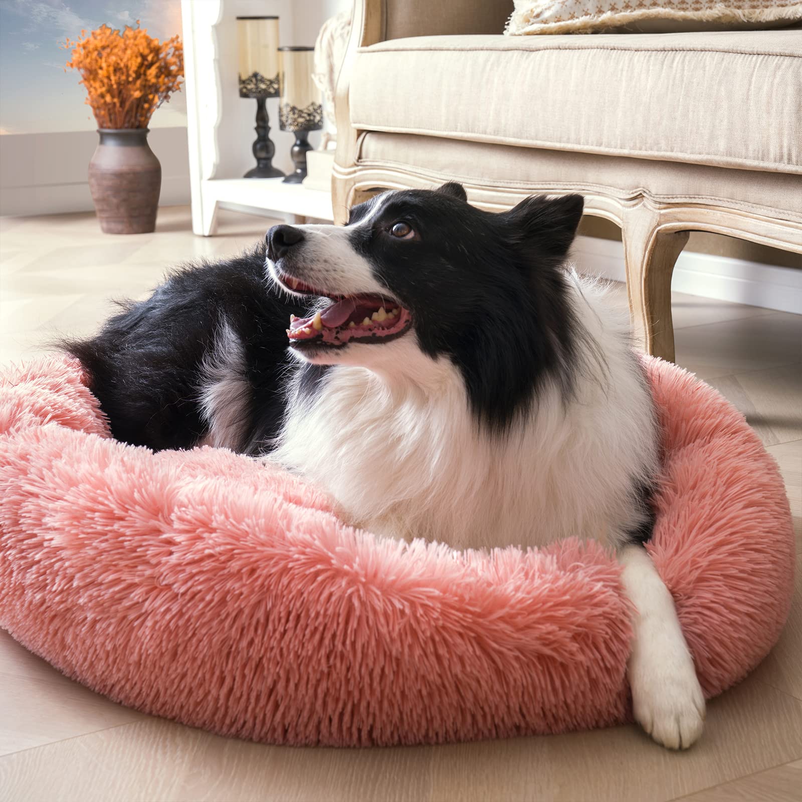 Calming Dog Bed For Large Dogs, Anti Anxiety Donut Dog Bed, Round Dog Bed, Plush Faux Fur Dog Bed, Fluffy Dog Bed, Soft Cozy Pet Bed, Machine Washable, 36X36Inch Pink