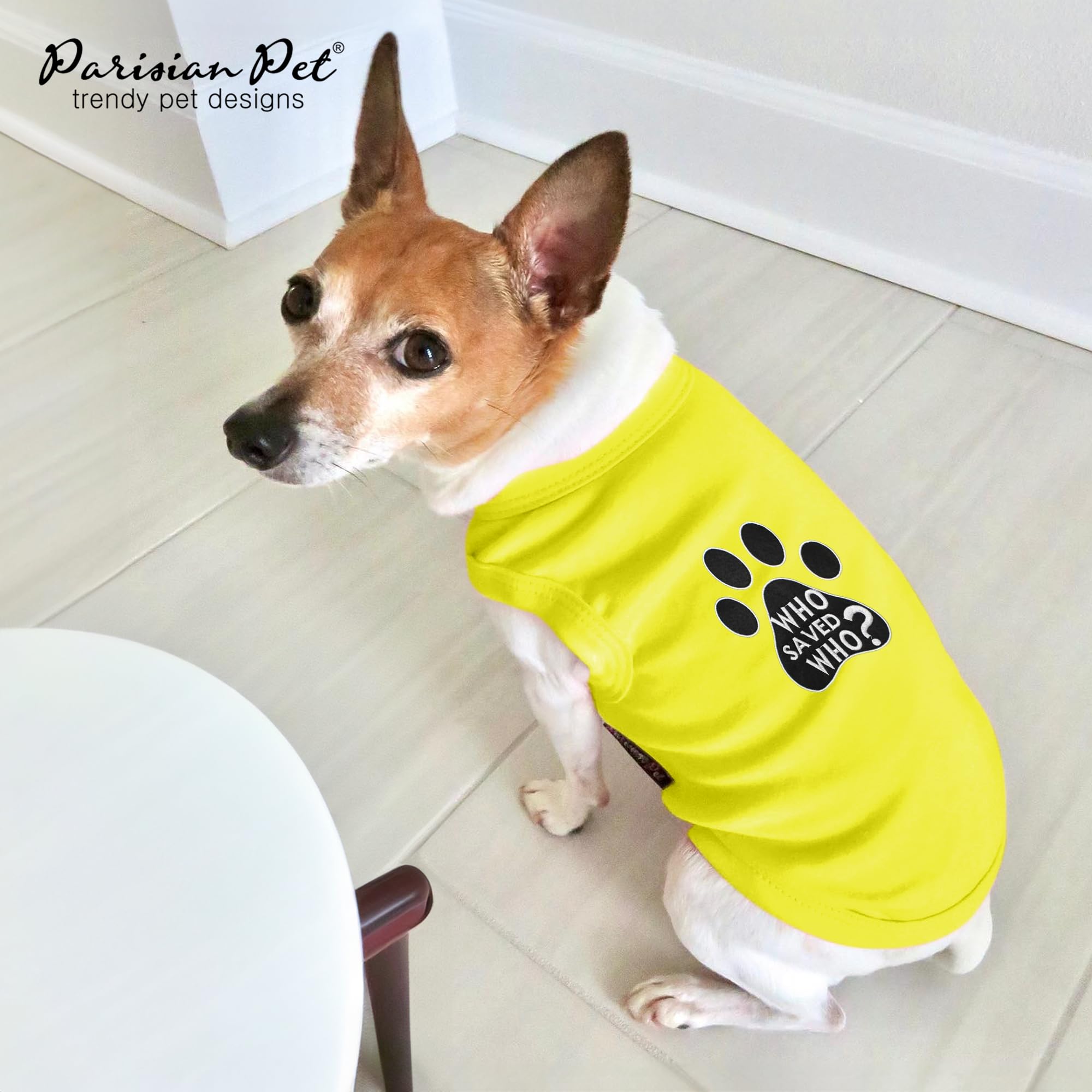 Parisian Pet Dog Tshirt - Embroidered  Who Saved Who  Dog Shirt - Lightweight And Skin Friendly Dog Clothes - Yellow Sleeveless