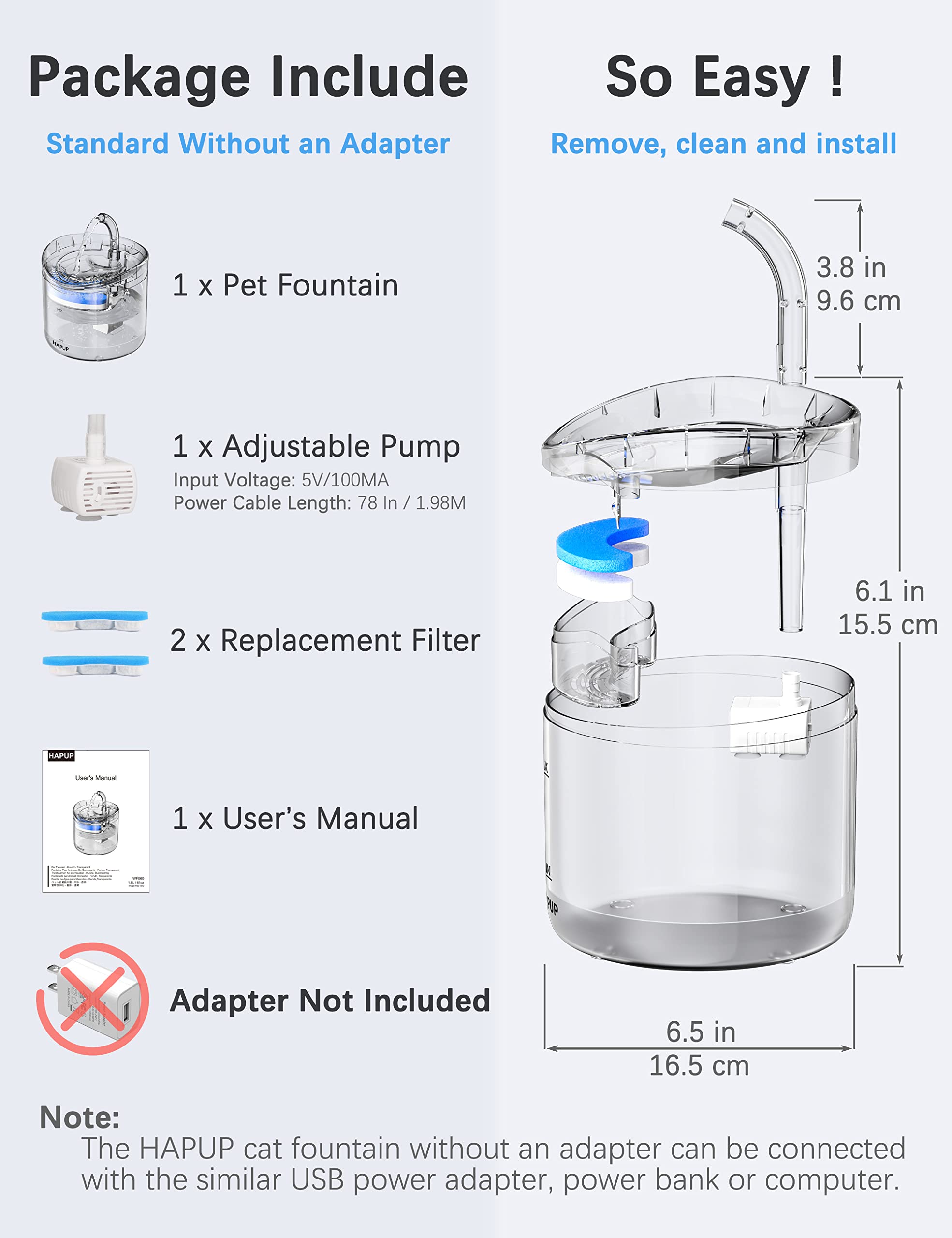 Hapup Cat Water Fountain Animal Water Dispenser 61Oz/1.8L Automatic Pet Drinking Fountain Clear Upgrade With 2 Filter Replacement 1 Adjustable Silent 1 Water Pump For Cats Kitty Indoor