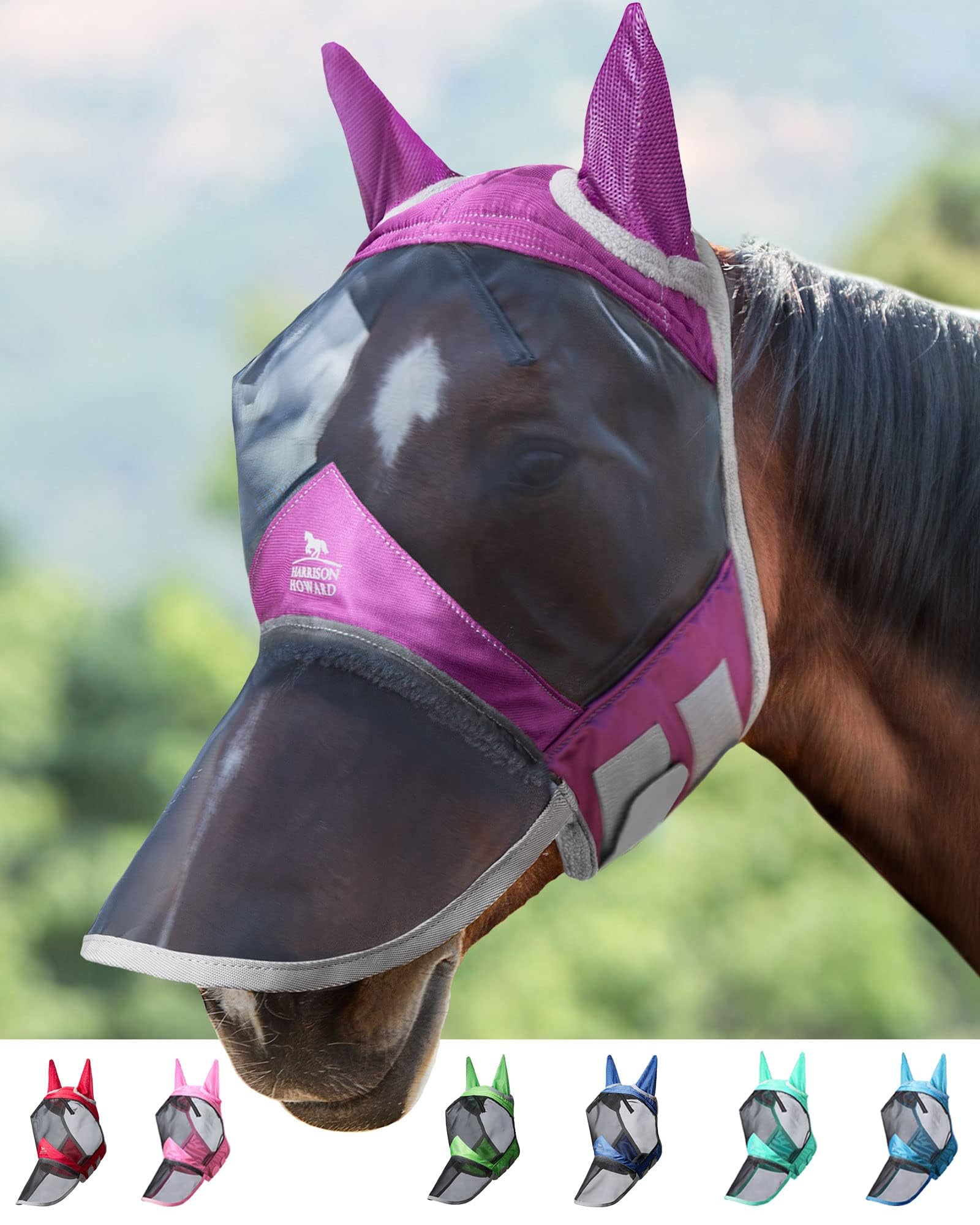 Harrison Howard CareMaster Pro Luminous Horse Fly Mask Large Eye Space Long Nose with Ears UV Protection for Horse Dark Magenta 