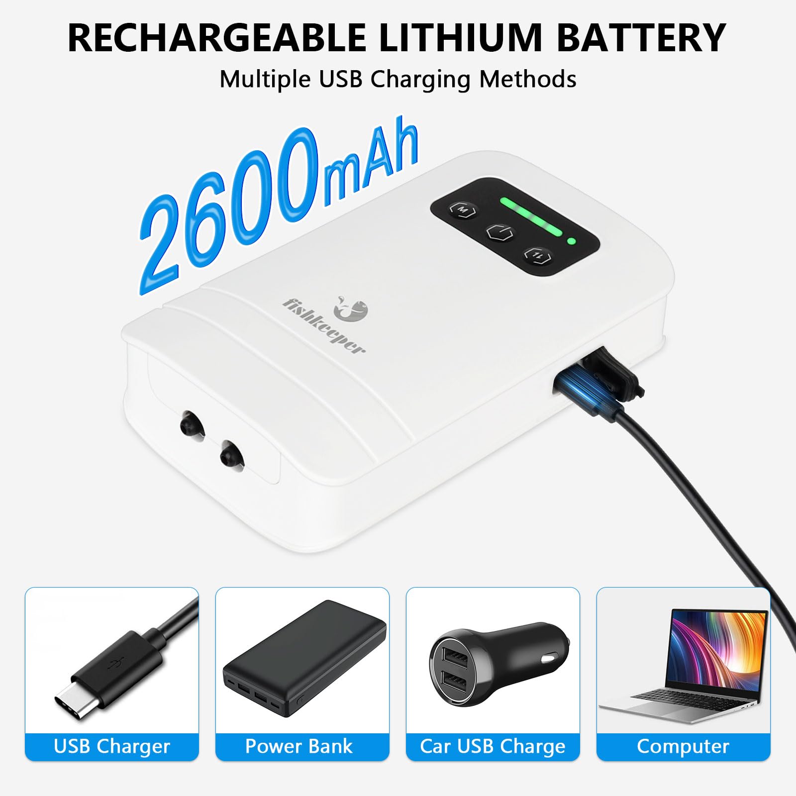 fishkeeper Battery Powered Aquarium Air Pump, USB Rechargeable Aerator Fish Tank Air Pump for 5-125 Gallons Portable Oxygen Pump