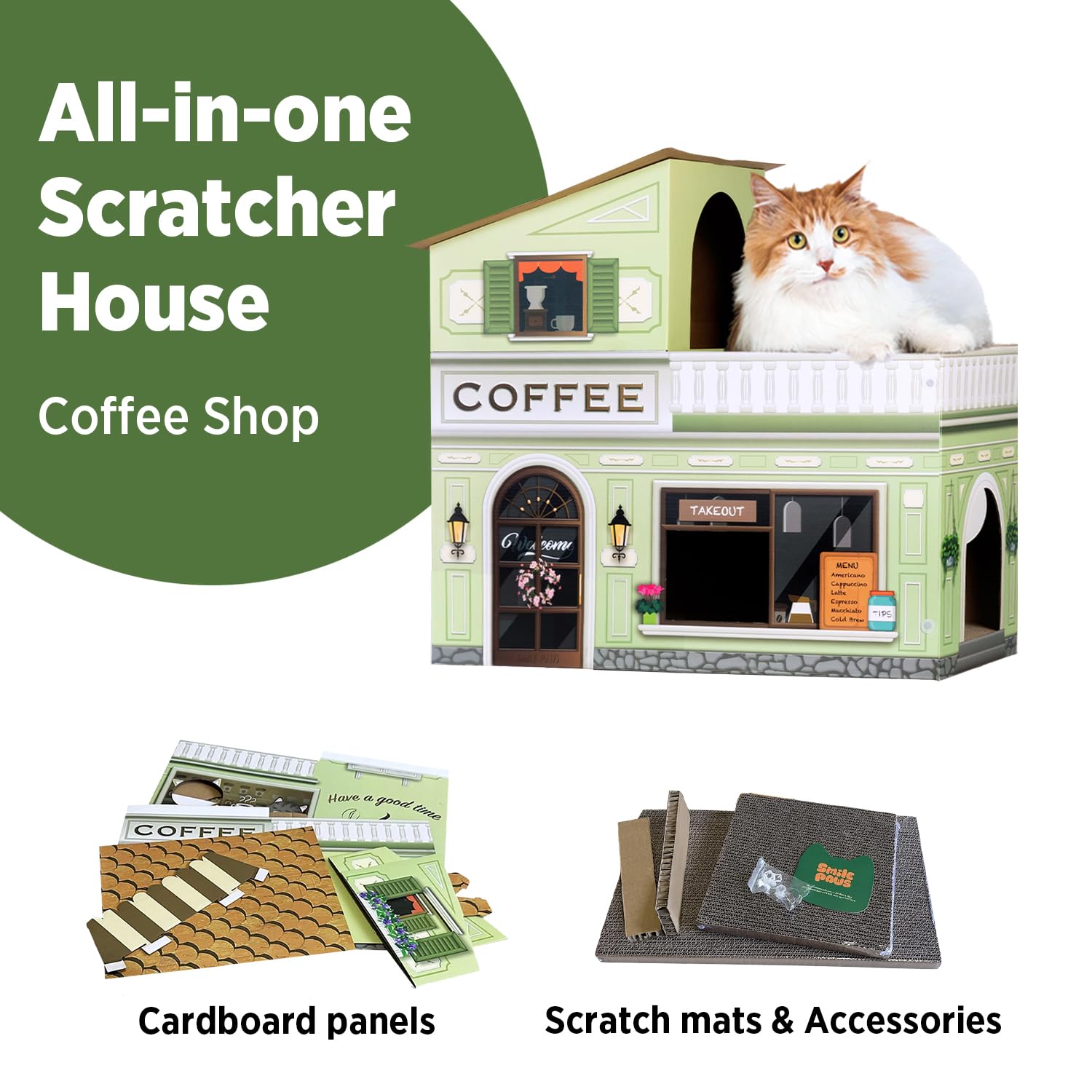 SMILE PAWS Large Coffee Shop Cat Bed - Sturdy Cardboard Cat House with Scratchers, Easy to Assemble Condo for Indoor Cats and Small Animals