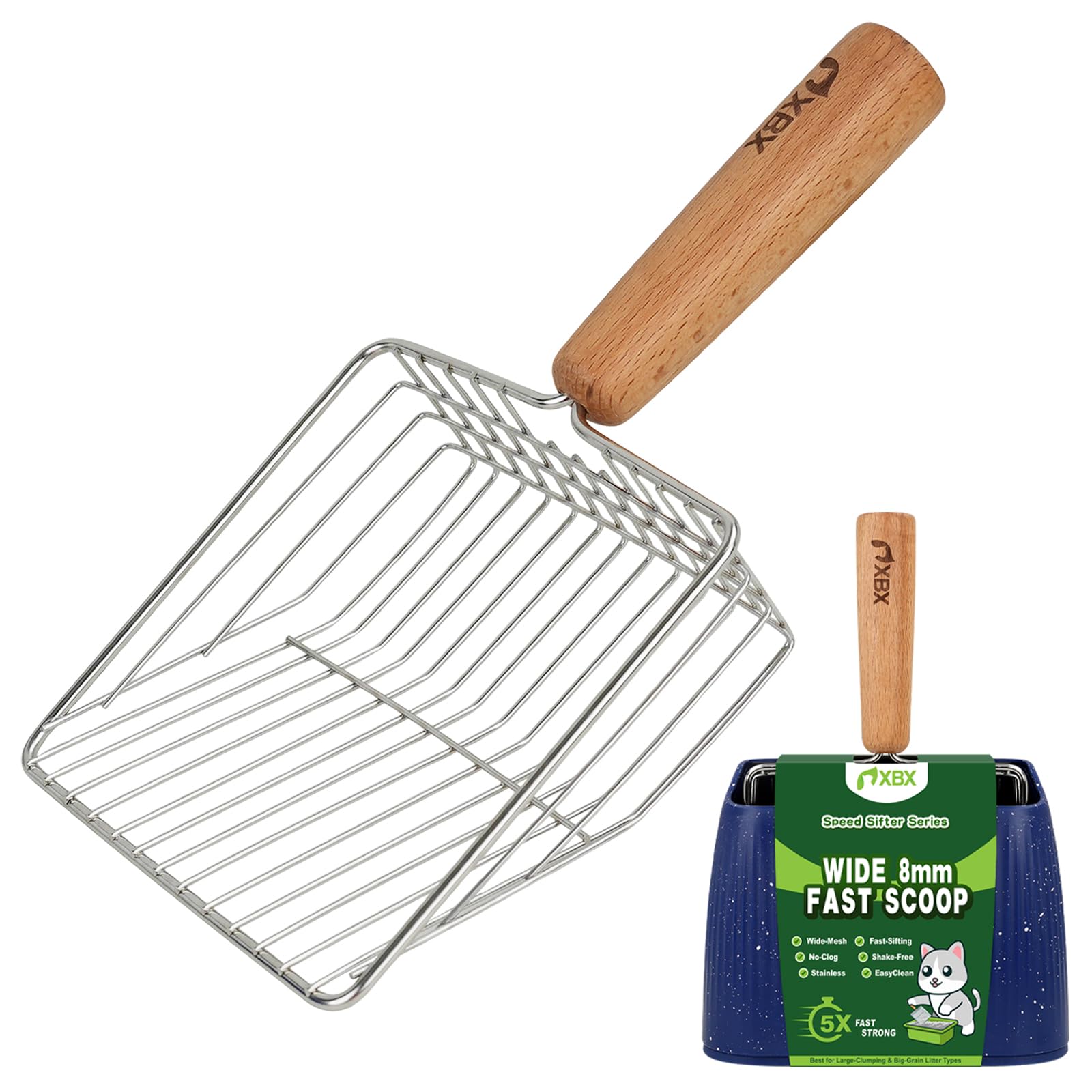 XBX Cat Litter Scoop with Holder, Sturdy Stainless Steel Litter Scooper, Wide Gap Litter Shovel with Beech Wood Handle for Easy 