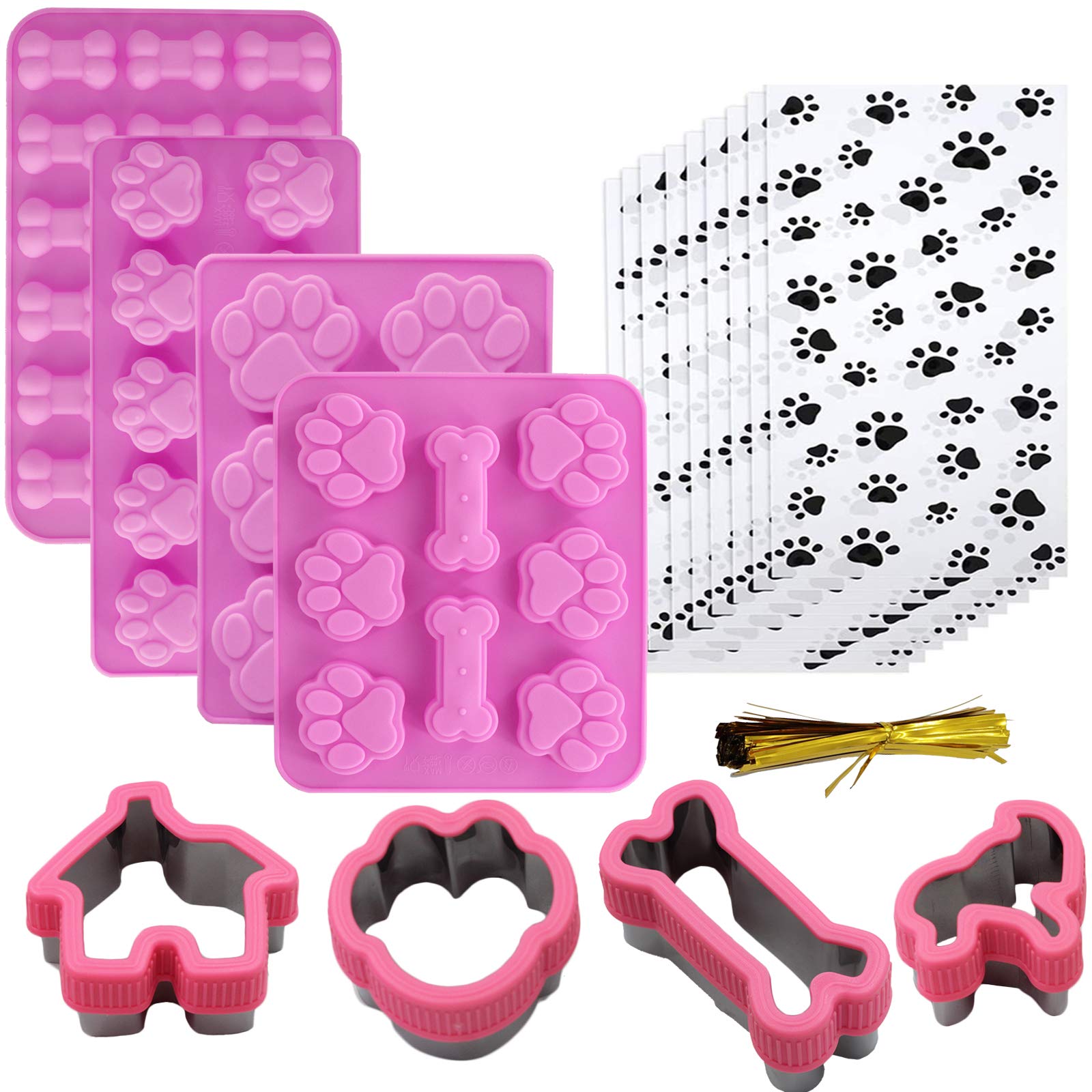 Shxmlf Dog Baking Supplies, Dog Treat Silicone Molds,Stainless Steel Puppy Paw Bone House Cookie Cutters, with 100 Pieces Dog tr