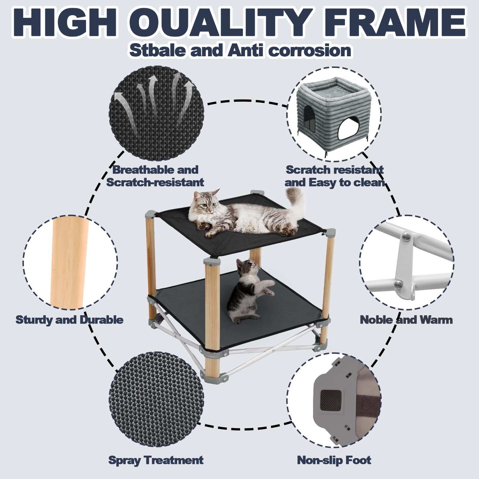 Pozico 2-Tier Collapsible Cat Beds & Furniture, 2 Layer Pine Construction Cat Hammocks, Cat Houses For Indoor Cats, Cat Bed Cave