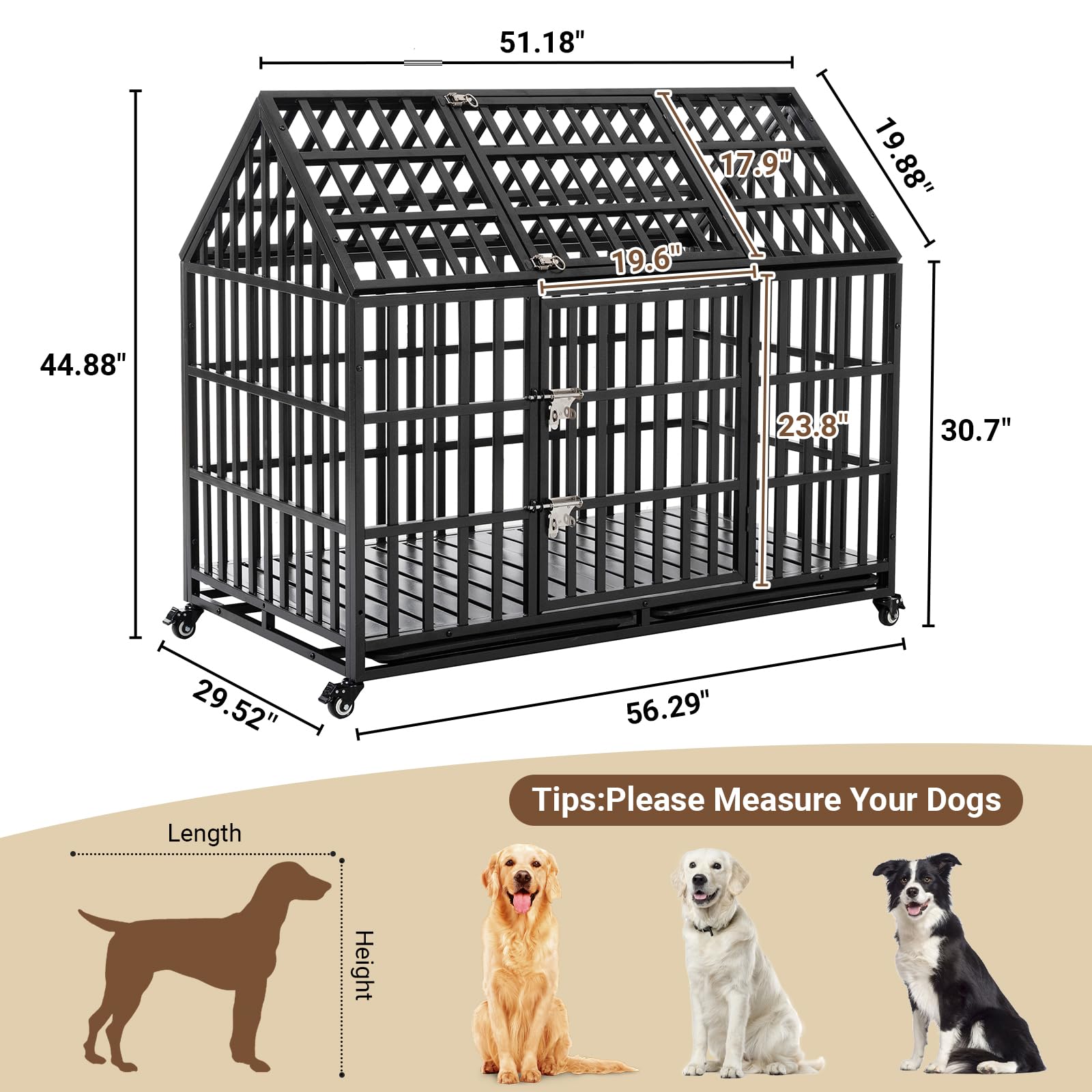 Heavy Duty Dog Crate, Escape Proof Dog Cage For Large Extra Large Dogs, 52 Inch, Dog Kennel Indoor With Lockable Wheels, Indestr
