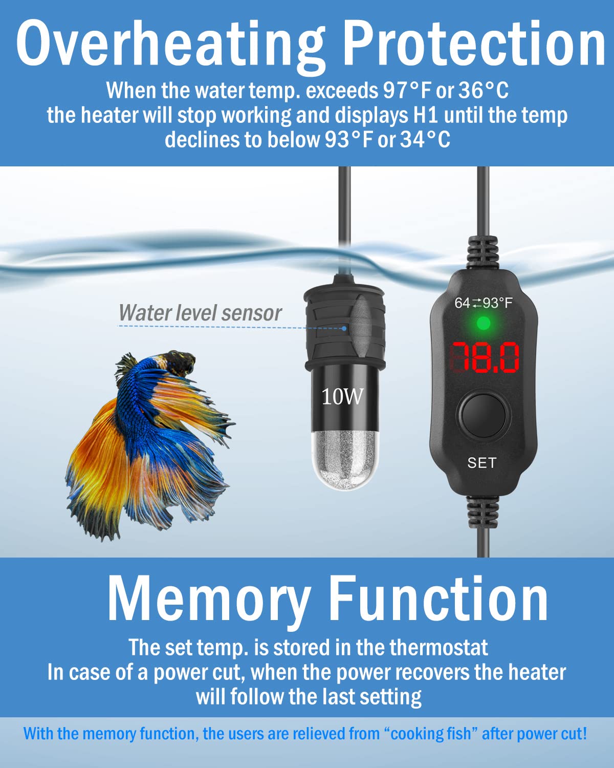 AquaMiracle 10W Adjustable Betta Heater - USB Powered Mini Aquarium Heater with Digital Display, Ideal for Up to 1 Gallon Tanks, Black