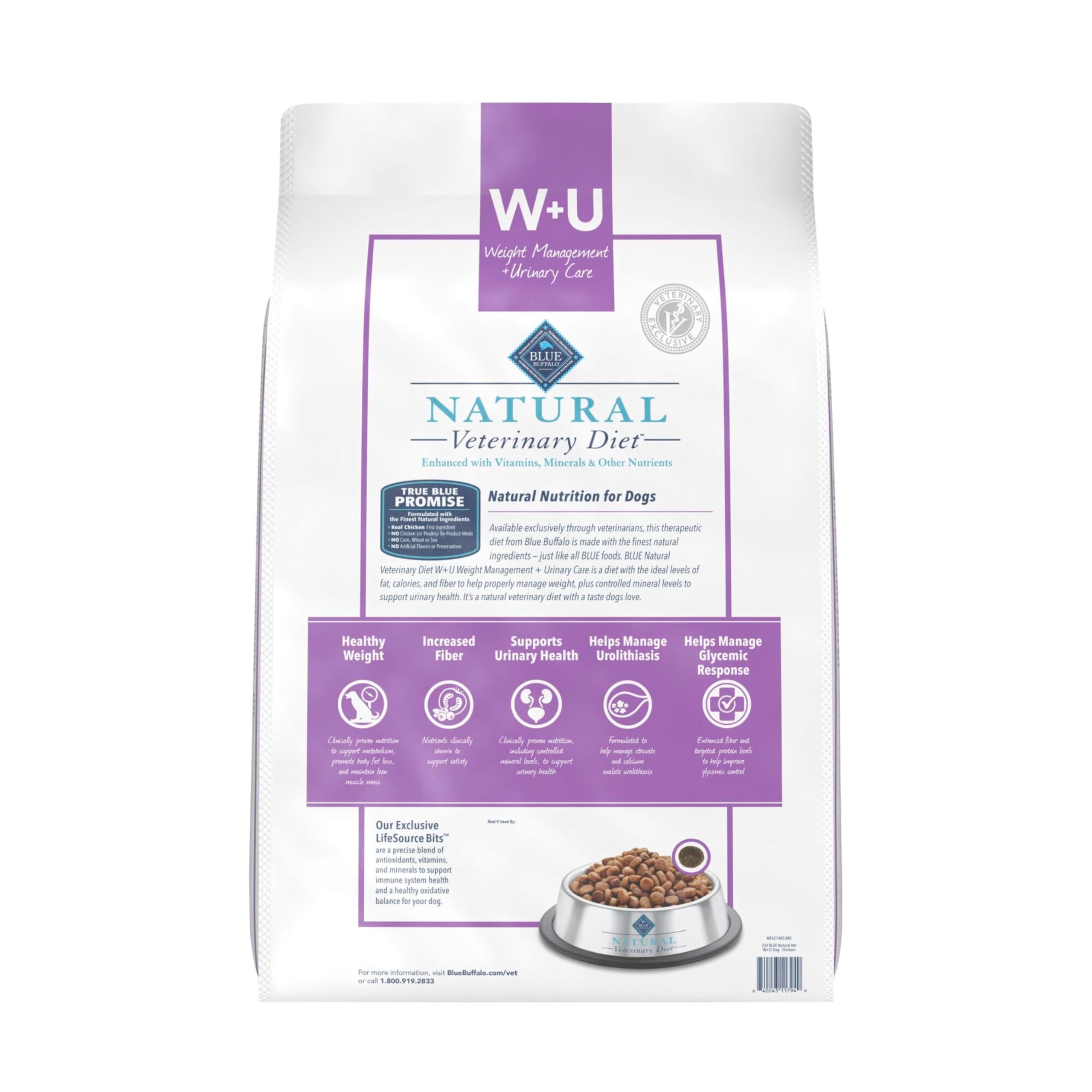 Blue Buffalo Natural Veterinary Diet W+U Weight Management + Urinary Care Dry Dog Food, Veterinarian Prescription Required, Chic