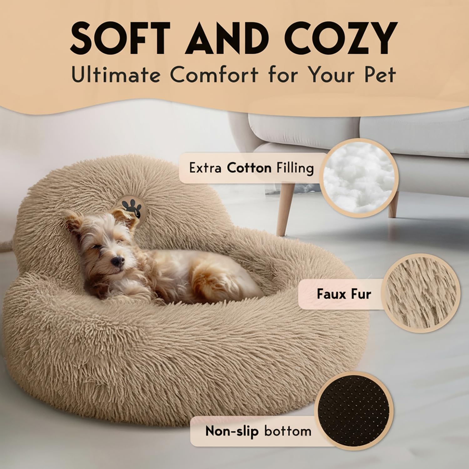 PetJett Calming Dog Beds for Small Dogs - 23 Donut Dog Beds, Anti-Slip & Washable Fluffy Plush Faux Fur Pet Bed, Anti-Anxiety Pr
