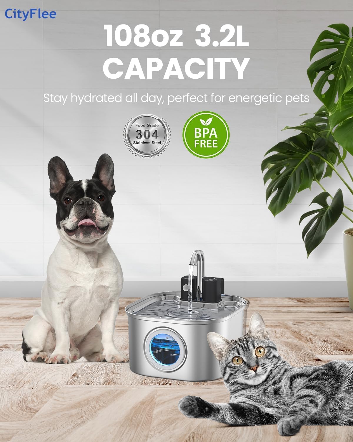 Wireless Cat Water Fountain With Sensor 108Oz 3.2L Stainless Steel Battery Operated Cordless Automatic Water Dispenser Quiet Pum