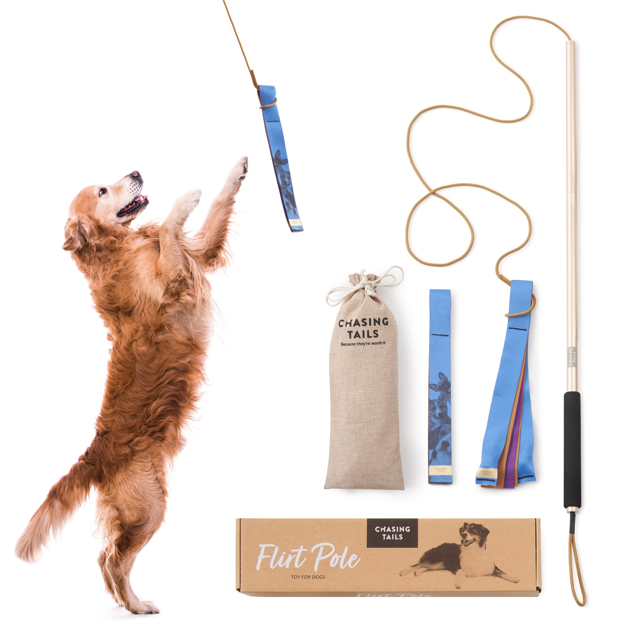 Chasing Tails Flirt Pole For Dogs Heavy Duty - 36 Inch Flirt Pole For Large Dogs With Extendable 83 Inch Rope | Two Toys Include