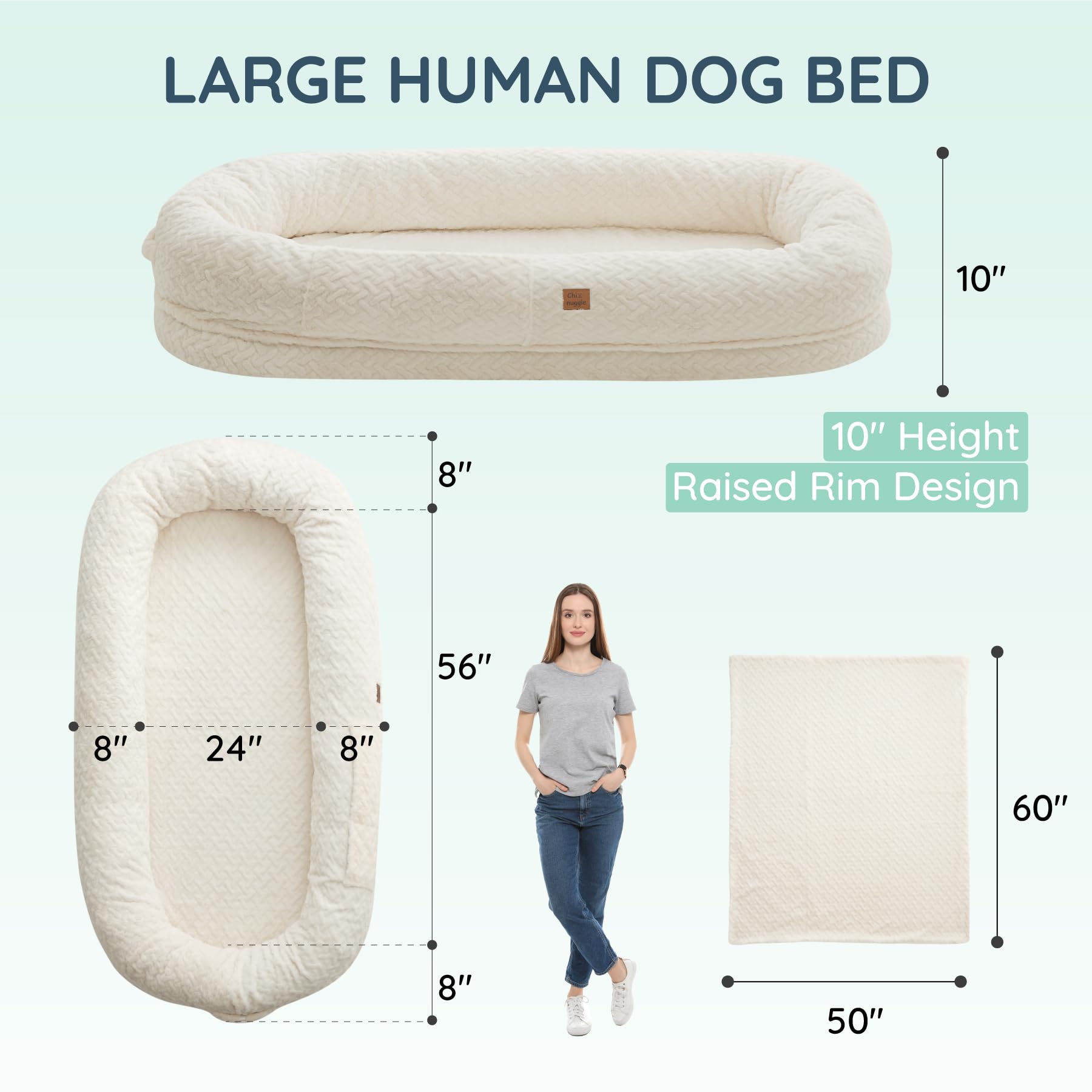ChiXnuggle Human Dog Bed for Adult - Luxury Faux Fur Giant Size Dog Bed with Portable Handle, Egg Orthopedic Foam Bed with Blank