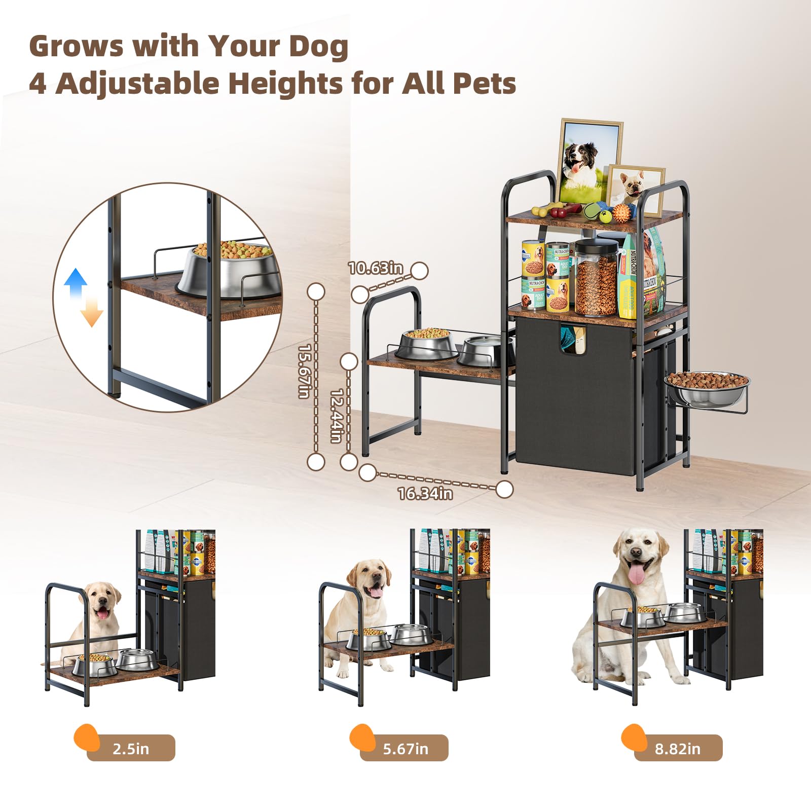 Dog Feeding Station With Single Bowl And Storage Basket, Litail Elevated Dog Bowls For 3 Bowls, 4 Height Adjustable Raised Bowl