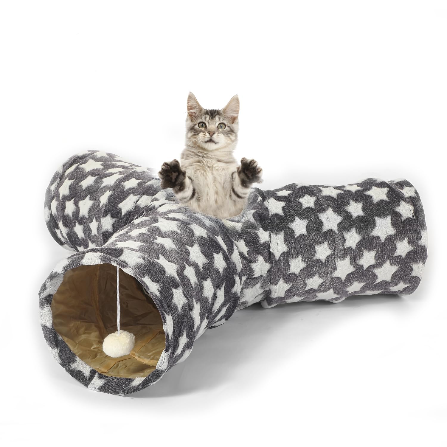Luckitty Cat Tunnel Toy- 3 Way-Shaped, Gray Star Pattern, Soft Velvet Exterior, Oxford Fabric Fog-Proof Interior, Plush Toy Ball