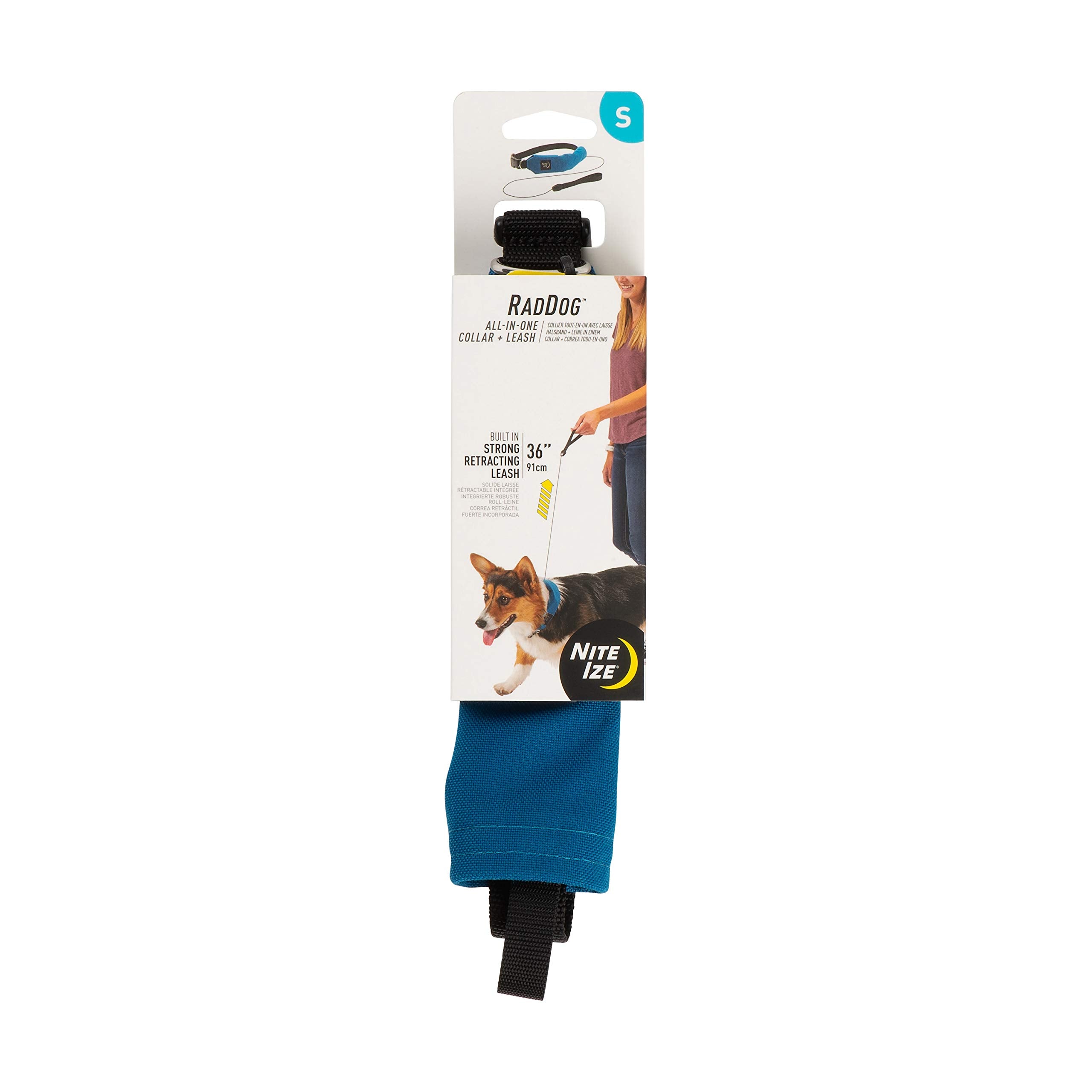 Nite Ize Raddog All-In-One Collar + Leash Combo, Dog Collar With Built-In Retractable Leash, Blue, Small 14'-16'