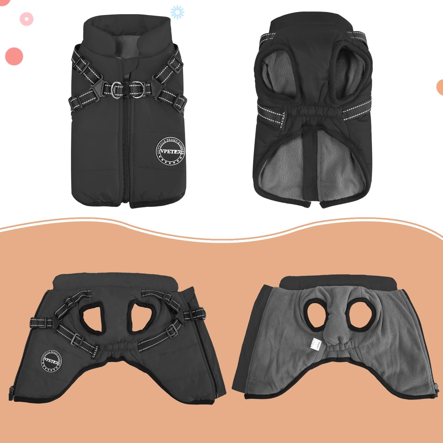 V.Pet.B.R Dog Winter Coat - Warm Fleece Jacket With Padded Vest, Built-In Harness, Waterproof Windproof Reflective Cozy Adjustab