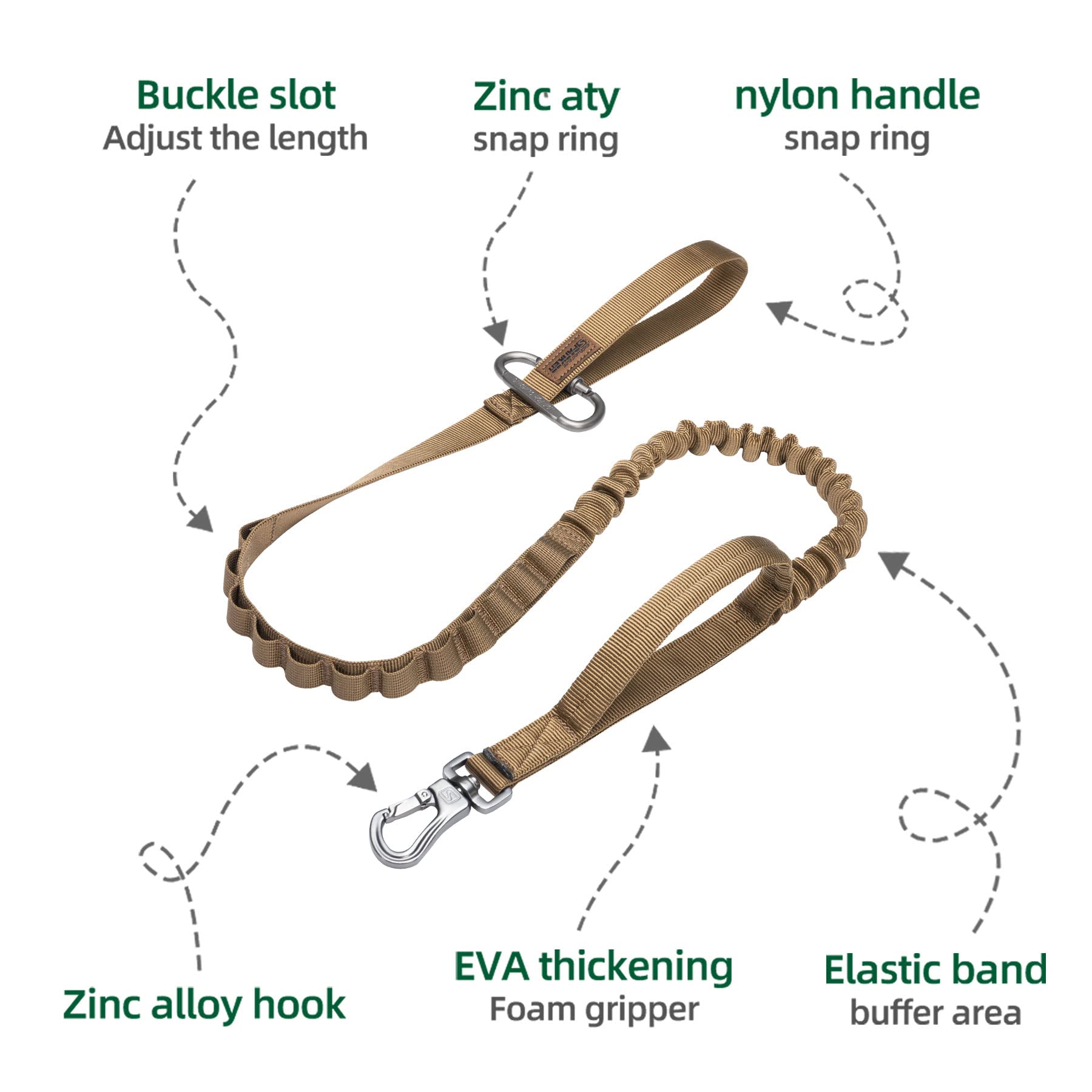Excellent Elite Spanker Tactical Bungee Dog Leash Military Adjustable Dog Leash Quick Release Elastic Leads Rope With 2 Control Handle(Coyote Brown)