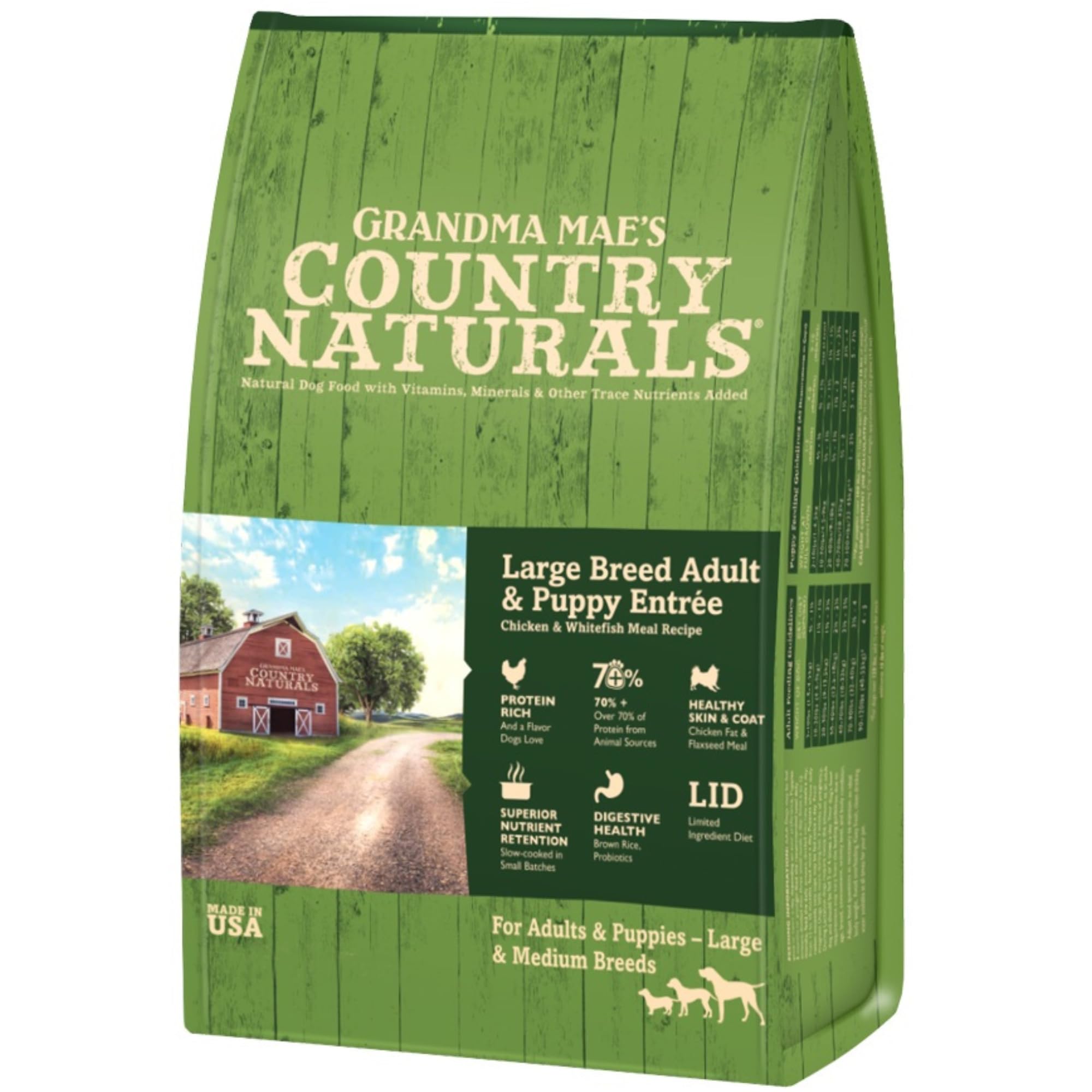 Grandma Maes Country Naturals Dry Dog Food, Large Breed Formula, Chicken, Fish & Brown Rice, Slow Cooked & Nutrient Dense, Made 