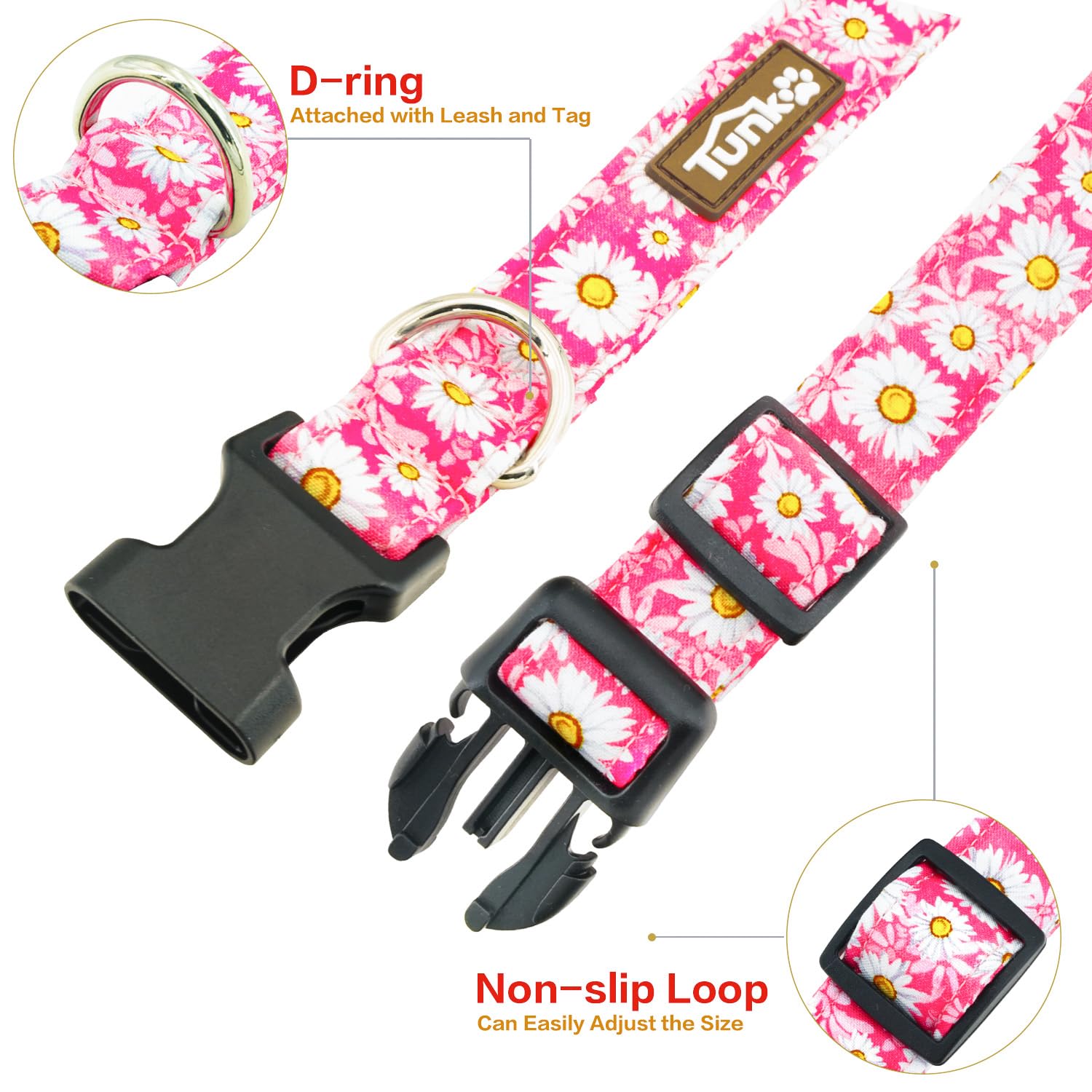 Tunkoo Pink Daisy Dog Collar, Cute Adjustable Premium Cotton Collar Durable Plastic Buckle For Small Medium Large Boys Girls Dog